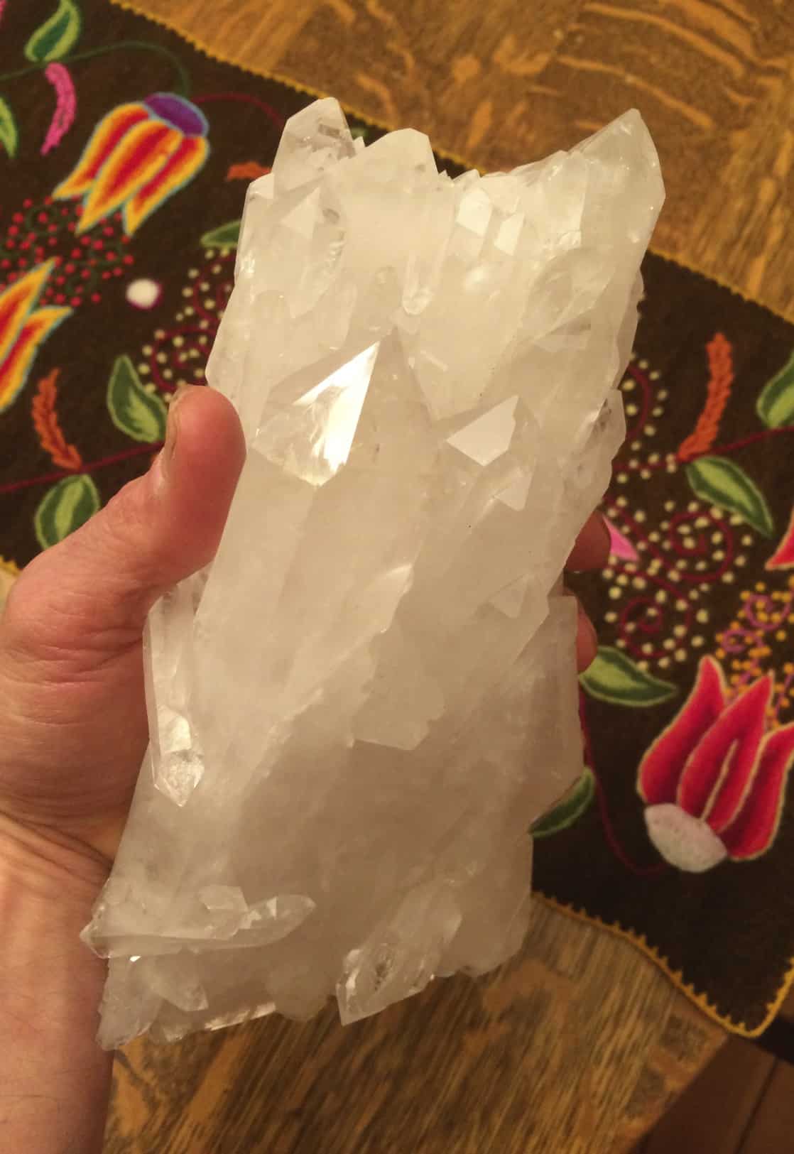 In tying together many Quartz crystals in this double terminated formation, this amalgamated cluster represents a multiplicity of forces, or possibilities.