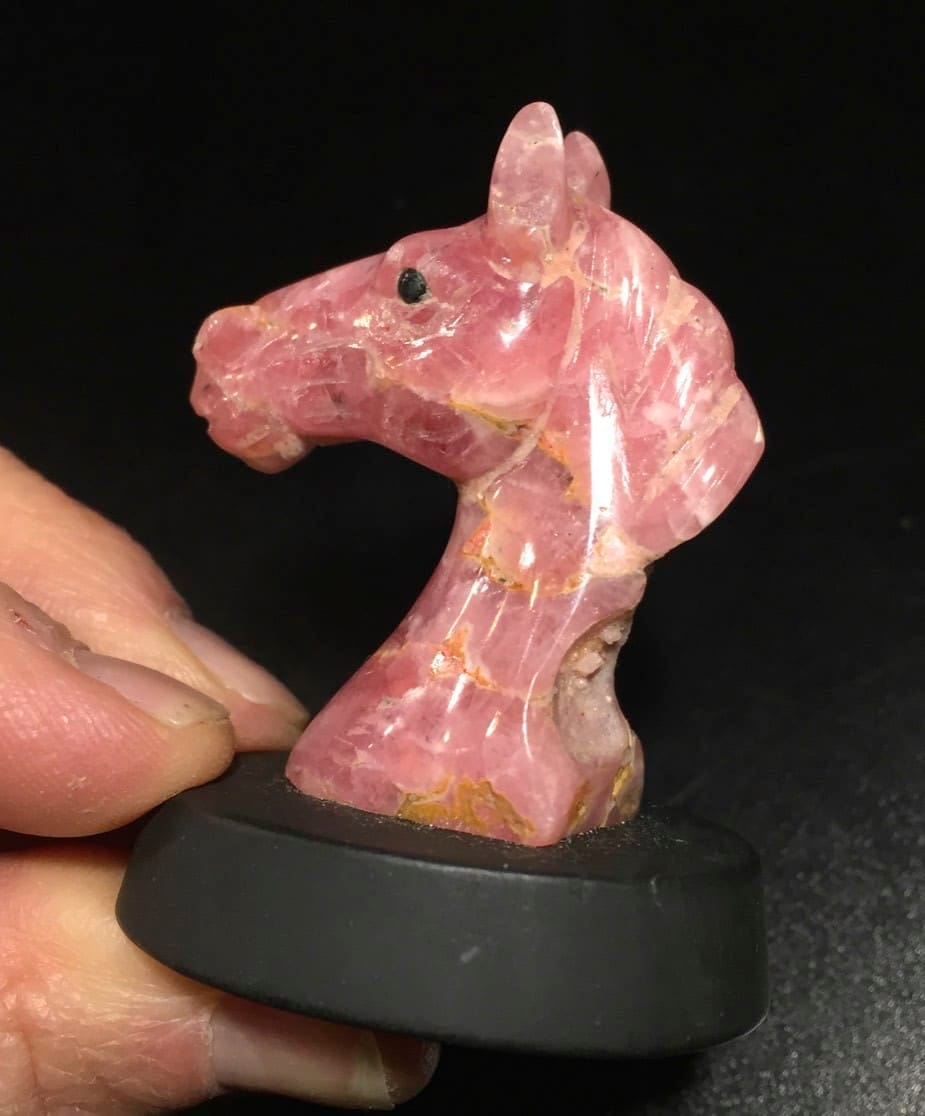 Rhodochrosite (carving) horse bust, on Basalt (46gr) healing crystal