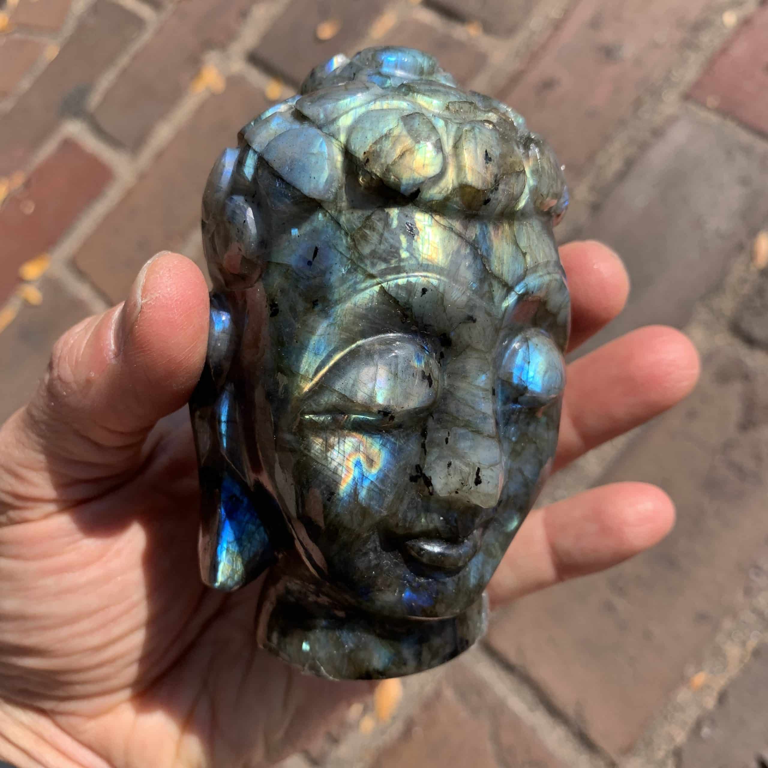 Labradorite (carving) Buddha head w great flash, healing crystal (460gr)