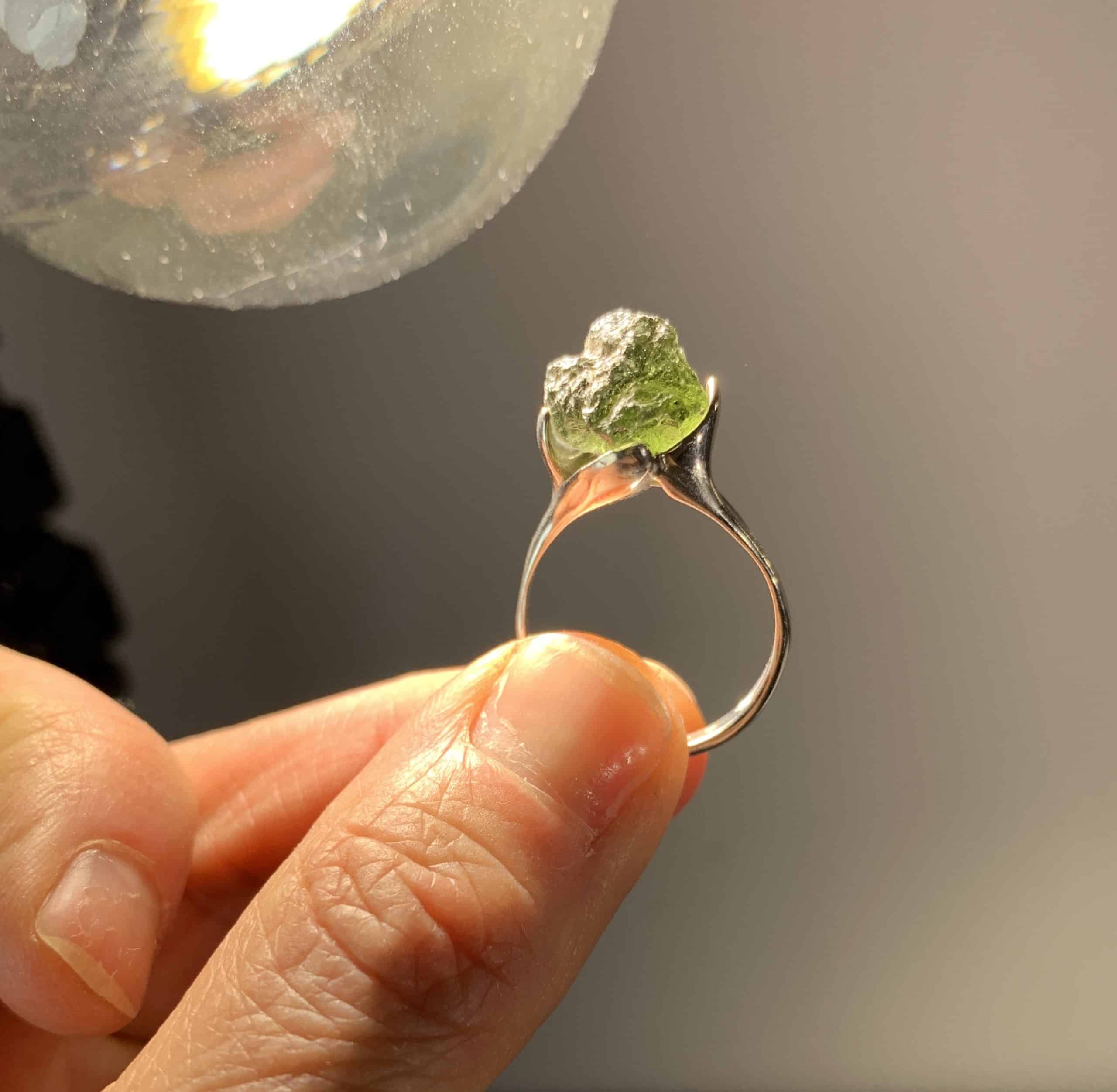Moldavite ring (rough) US size 9 flower prong healing crystal