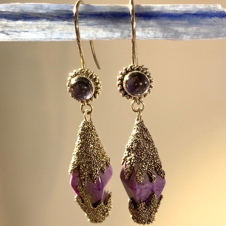 Sugilite (earrings) Bali filigree 'diamond drops' w Iolite healing crystal - Image 2