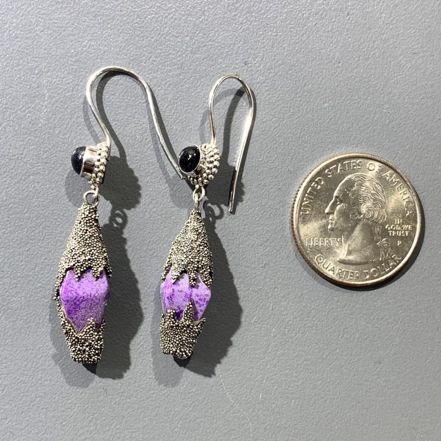 Sugilite (earrings) Bali filigree 'diamond drops' w Iolite healing crystal - Image 3