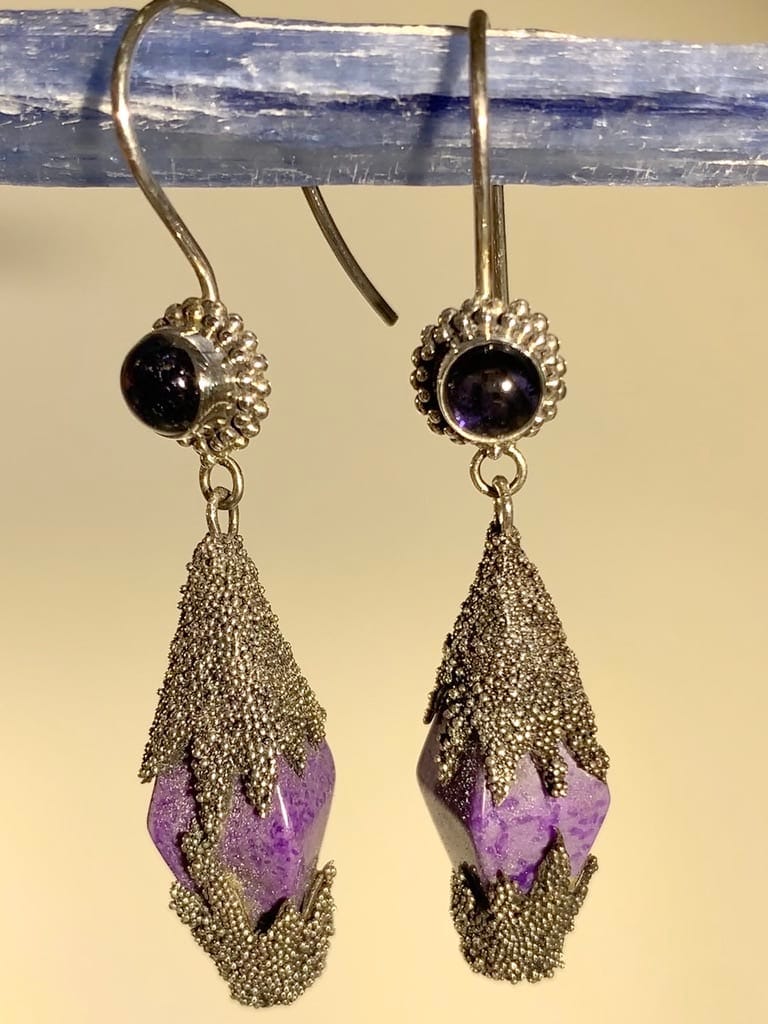 Sugilite (earrings) Bali filigree 'diamond drops' w Iolite healing crystal