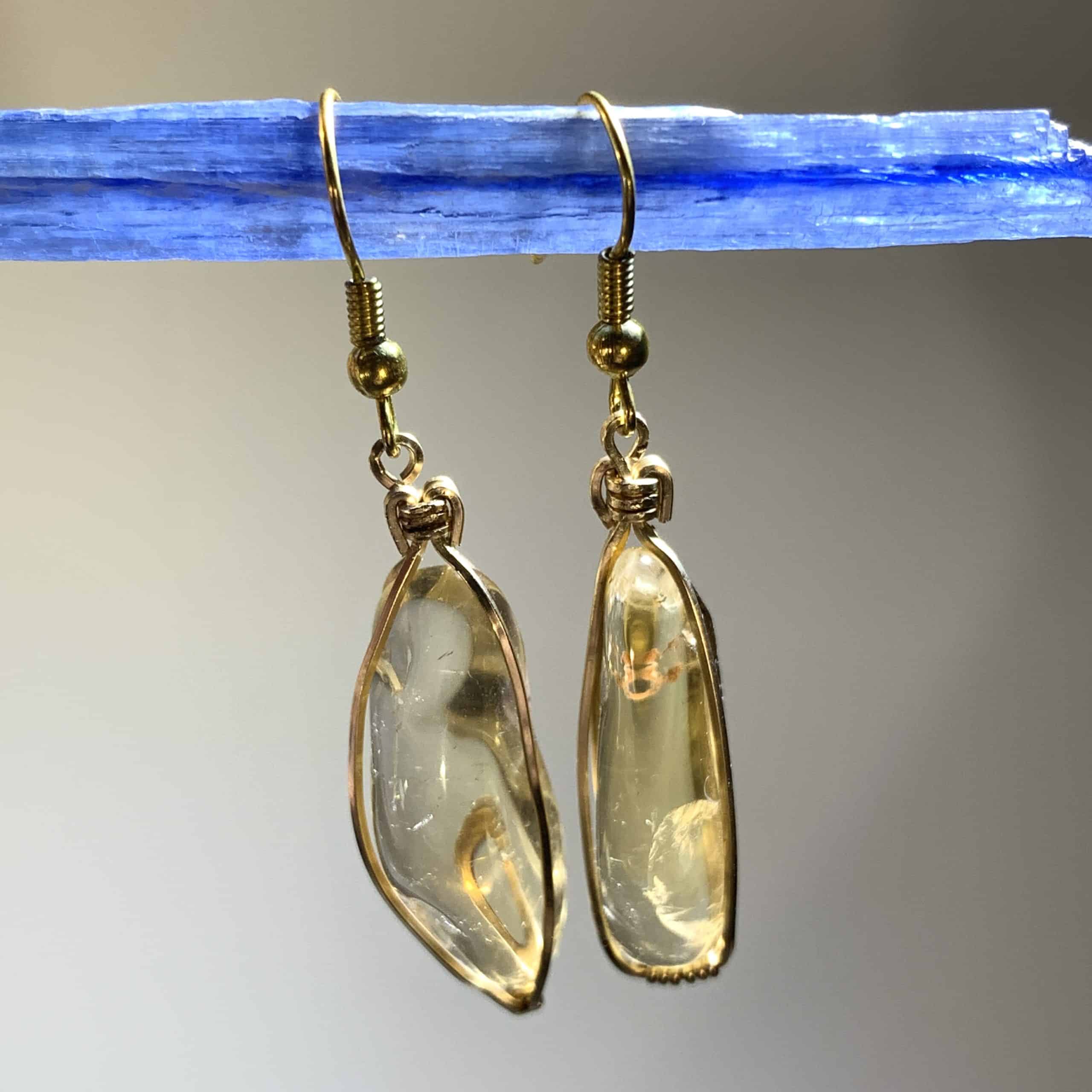 Citrine (natural) earrings - long freeform GF wrap tumbles - healing crystal