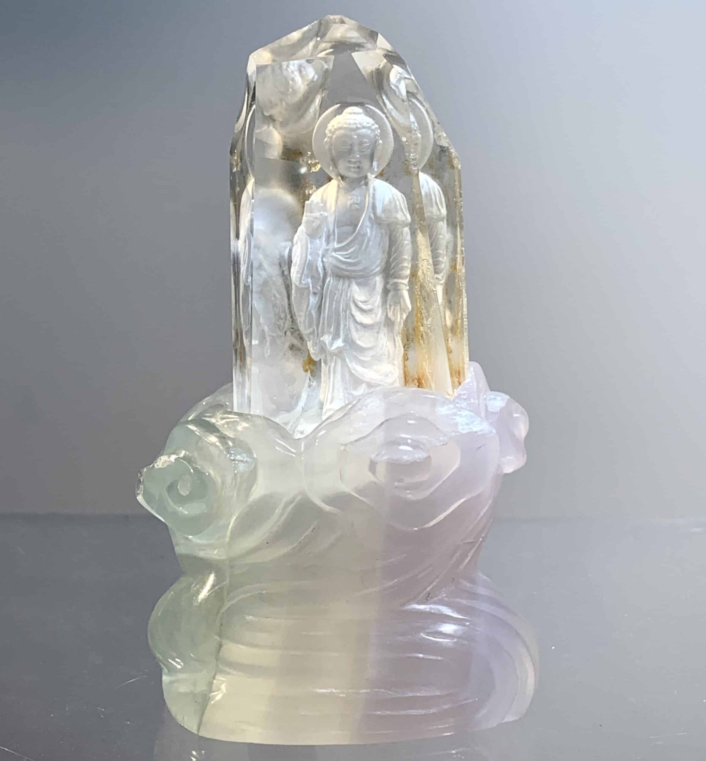 Buddha (reverse cut Clear Quartz) (lavender Fluorite stand) 2 piece statue - Image 2