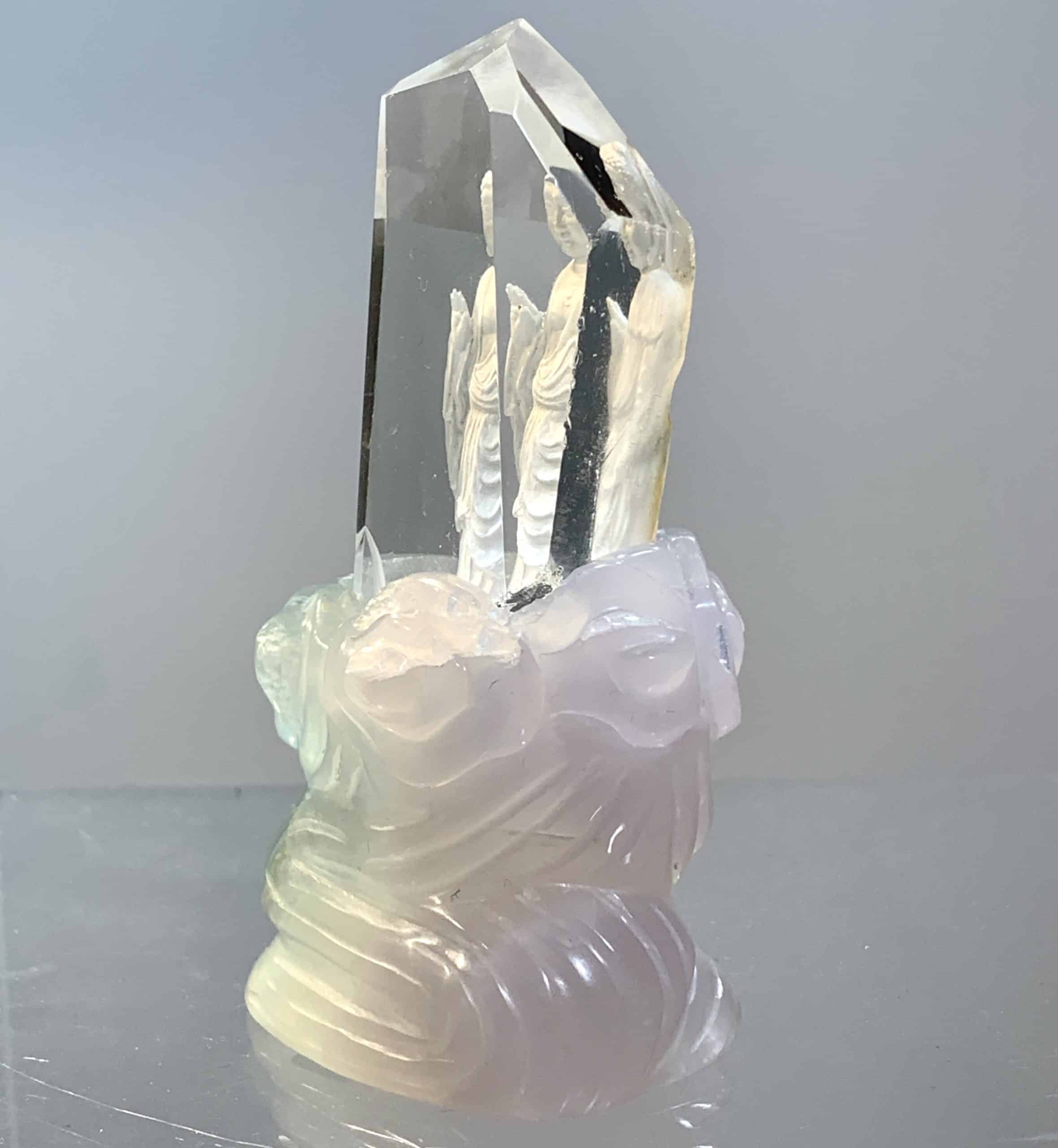 Buddha (reverse cut Clear Quartz) (lavender Fluorite stand) 2 piece statue - Image 3