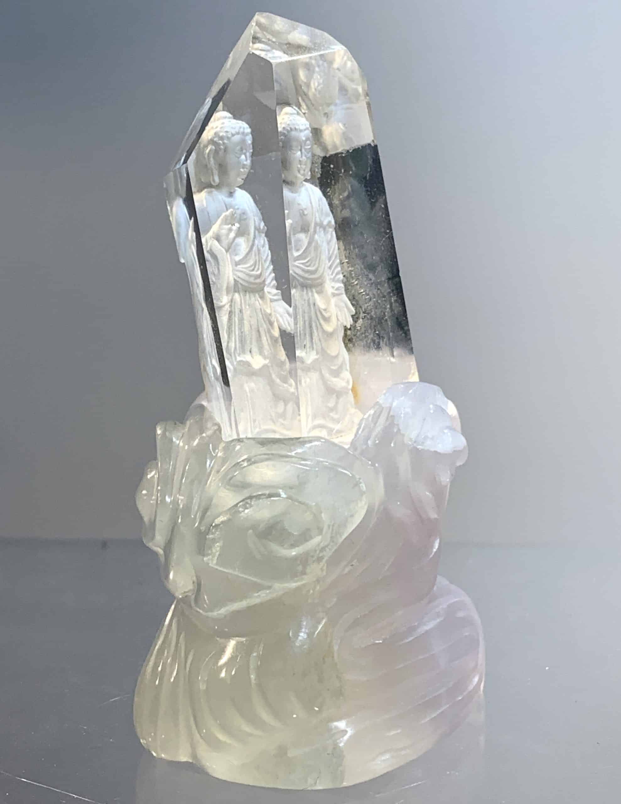 Buddha (reverse cut Clear Quartz) (lavender Fluorite stand) 2 piece statue - Image 4