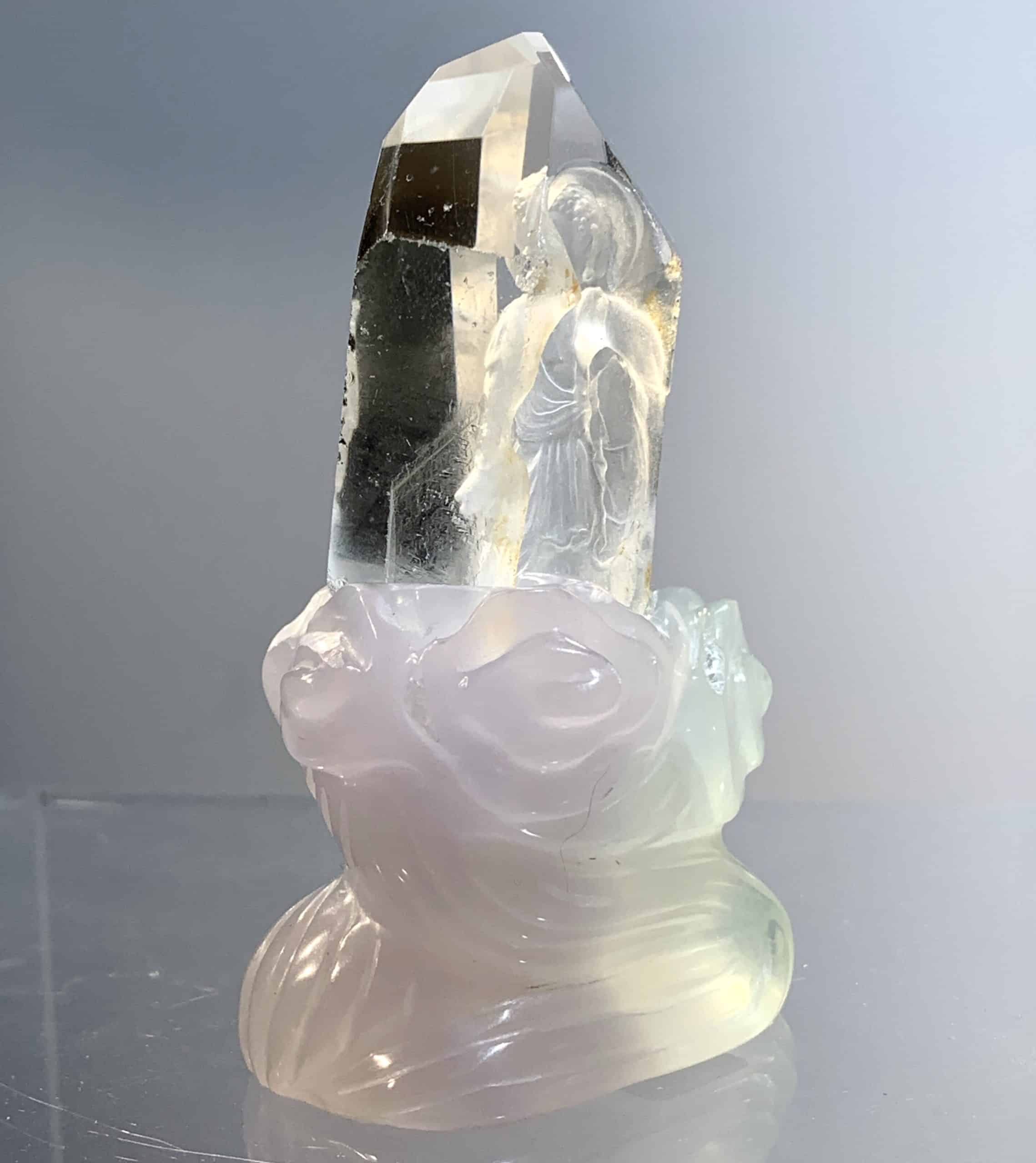 Buddha (reverse cut Clear Quartz) (lavender Fluorite stand) 2 piece statue - Image 5