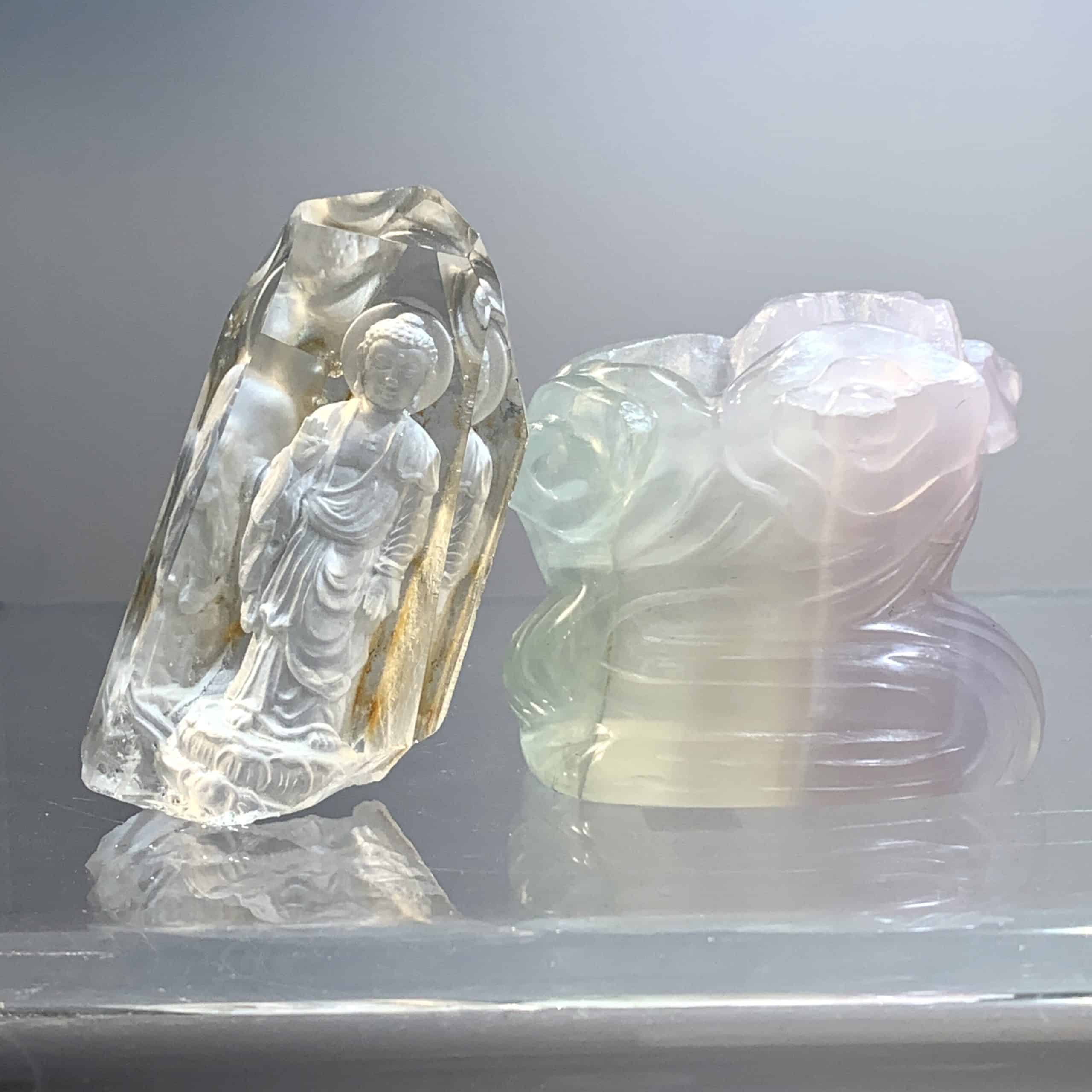 Buddha (reverse cut Clear Quartz) (lavender Fluorite stand) 2 piece statue - Image 6