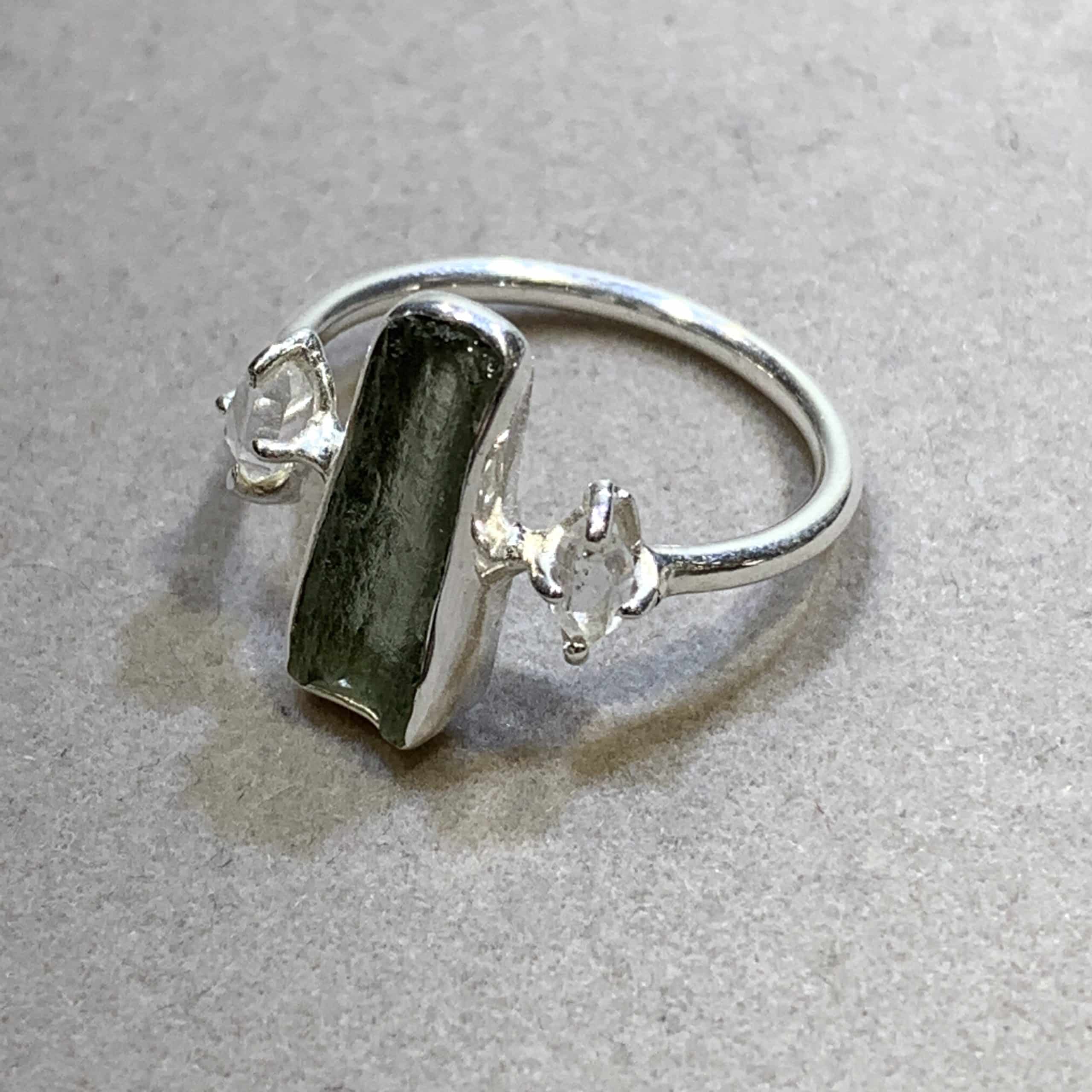 Moldavite ring (rough) w/ Herkimer Diamond, US size 9 healing crystal - Image 2