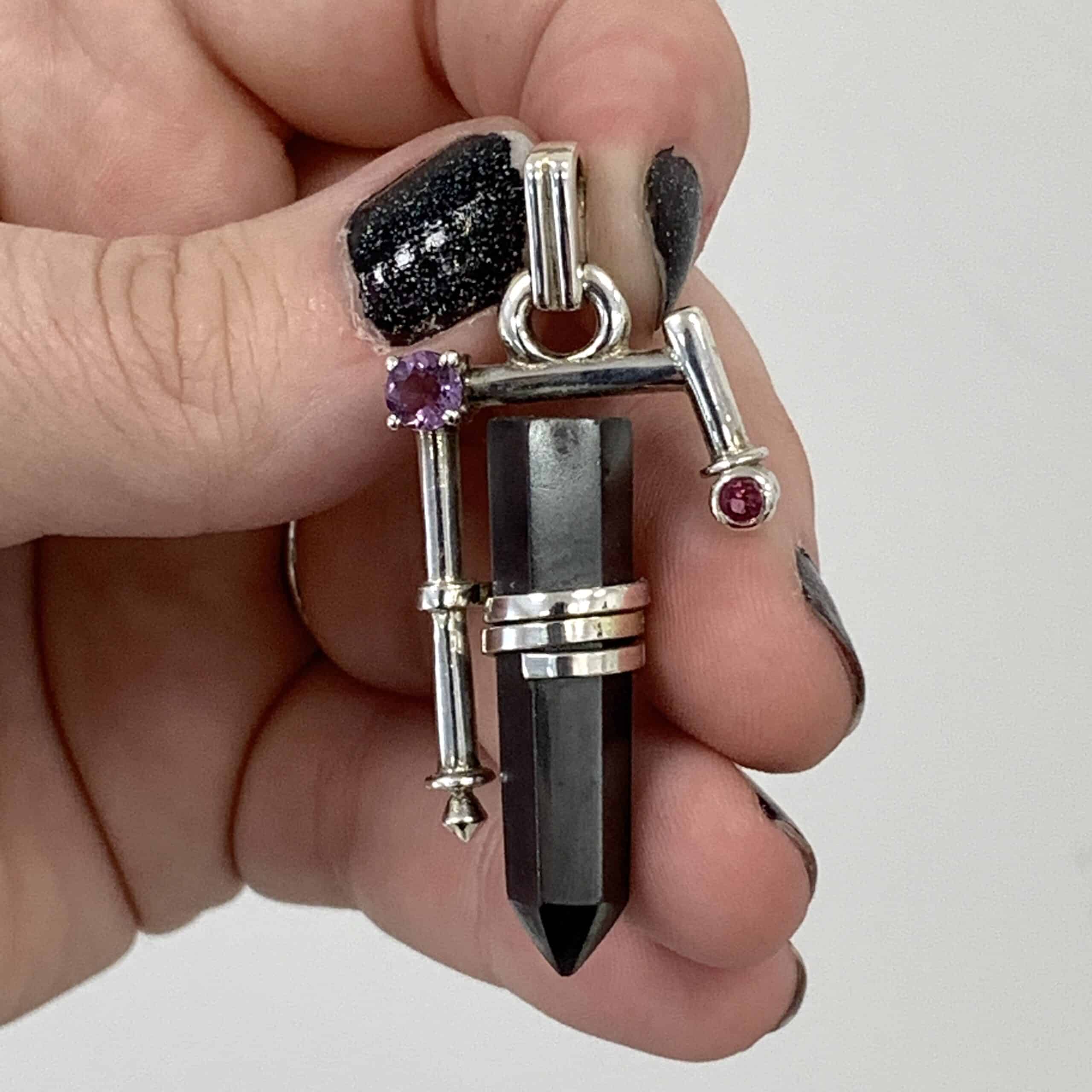 Hematite pendant w/ Amethyst and Tourmaline for necklace - healing crystal - Image 2