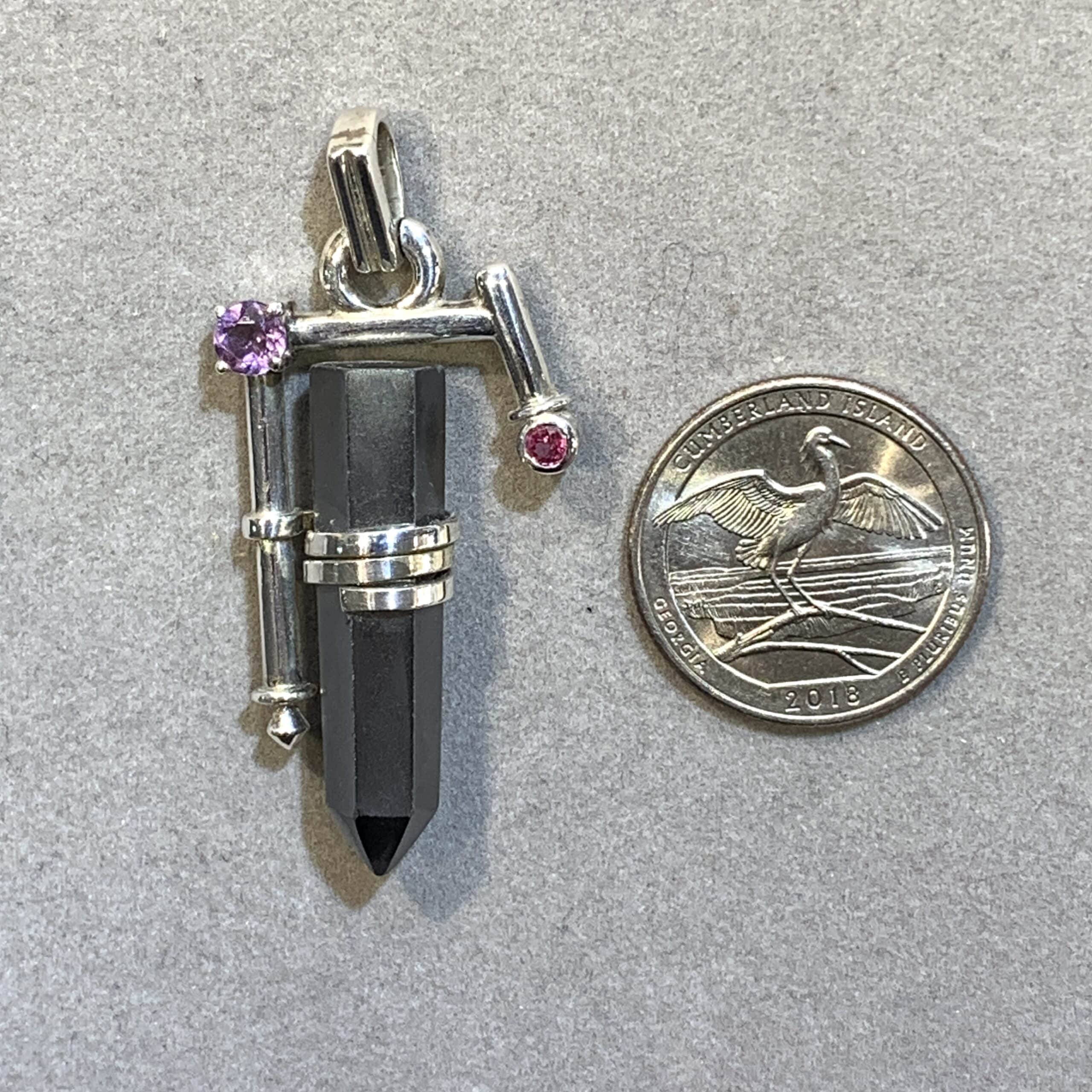 Hematite pendant w/ Amethyst and Tourmaline for necklace - healing crystal - Image 3