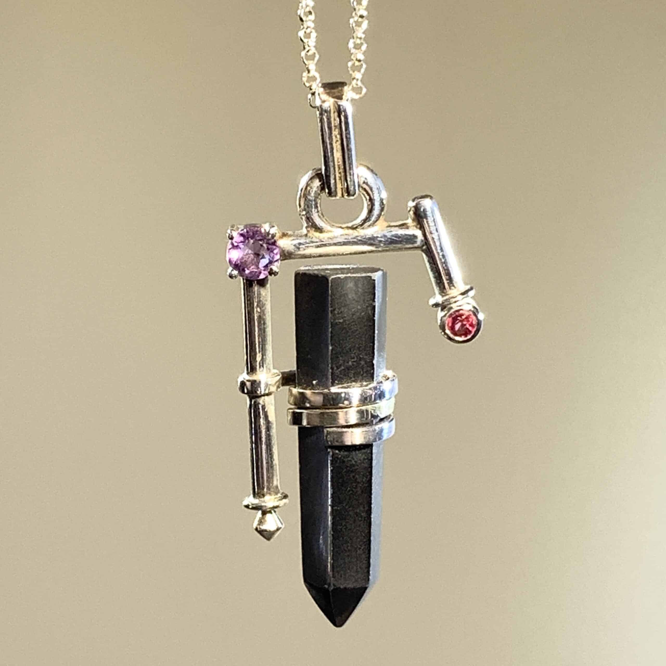 Hematite pendant w/ Amethyst and Tourmaline for necklace - healing crystal