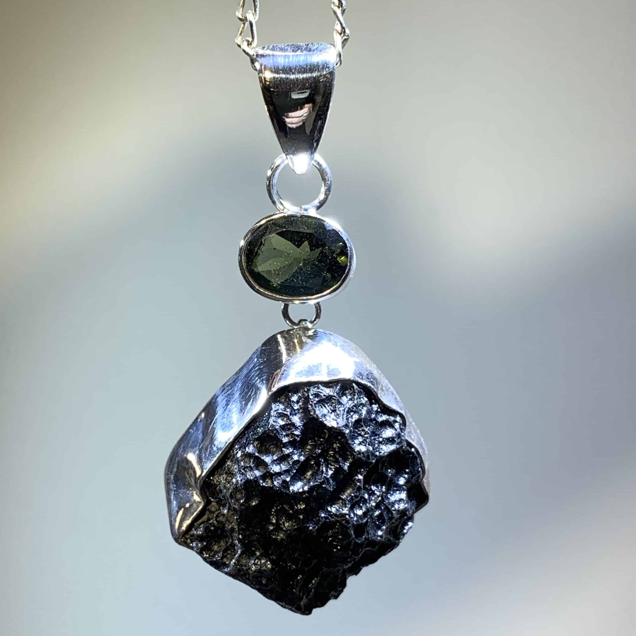 Moldavite pendant (faceted) w Tibetan Tektite healing crystal - Image 2