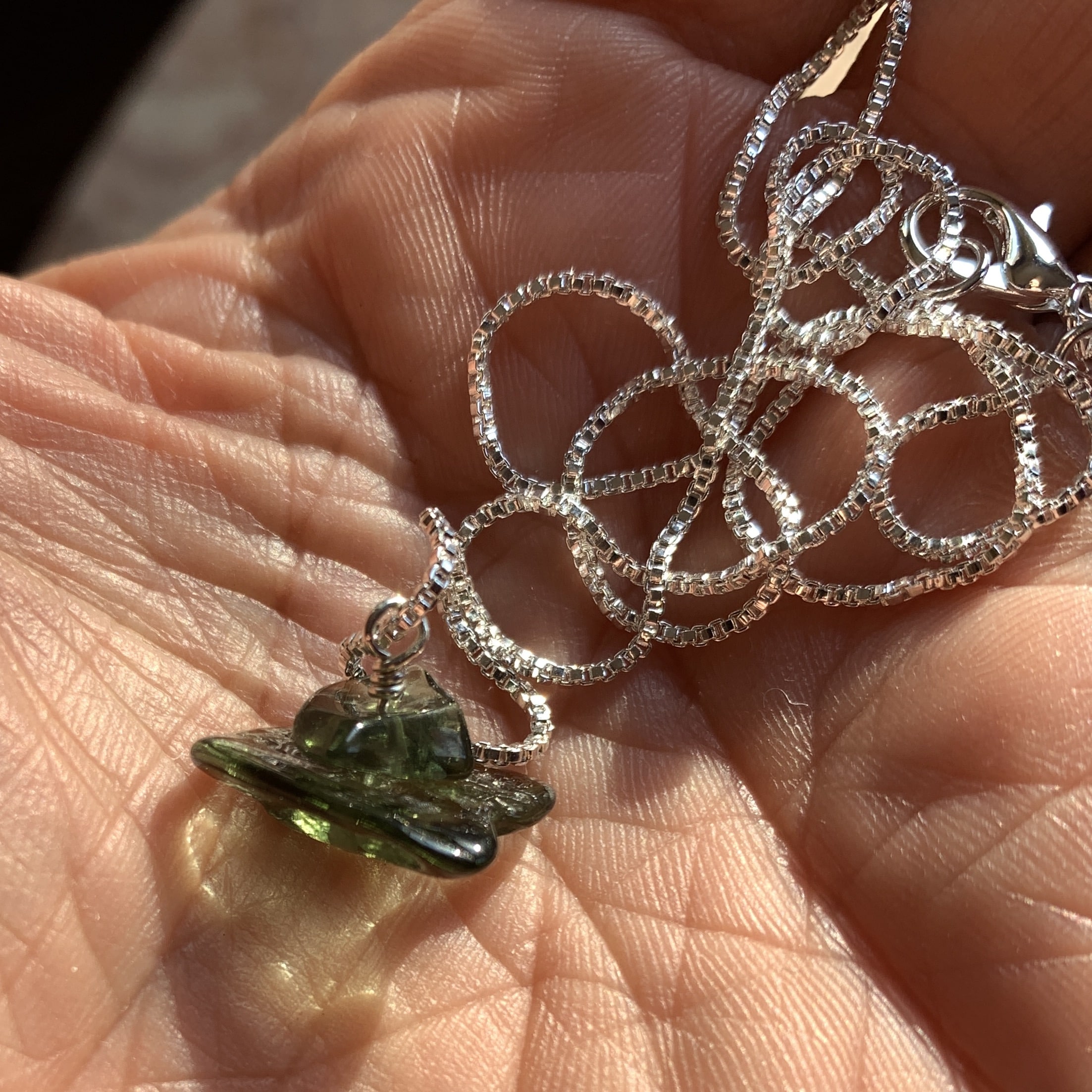 Moldavite pendant (tumbled) pair beads w 18" chain (1.45gr) healing crystal