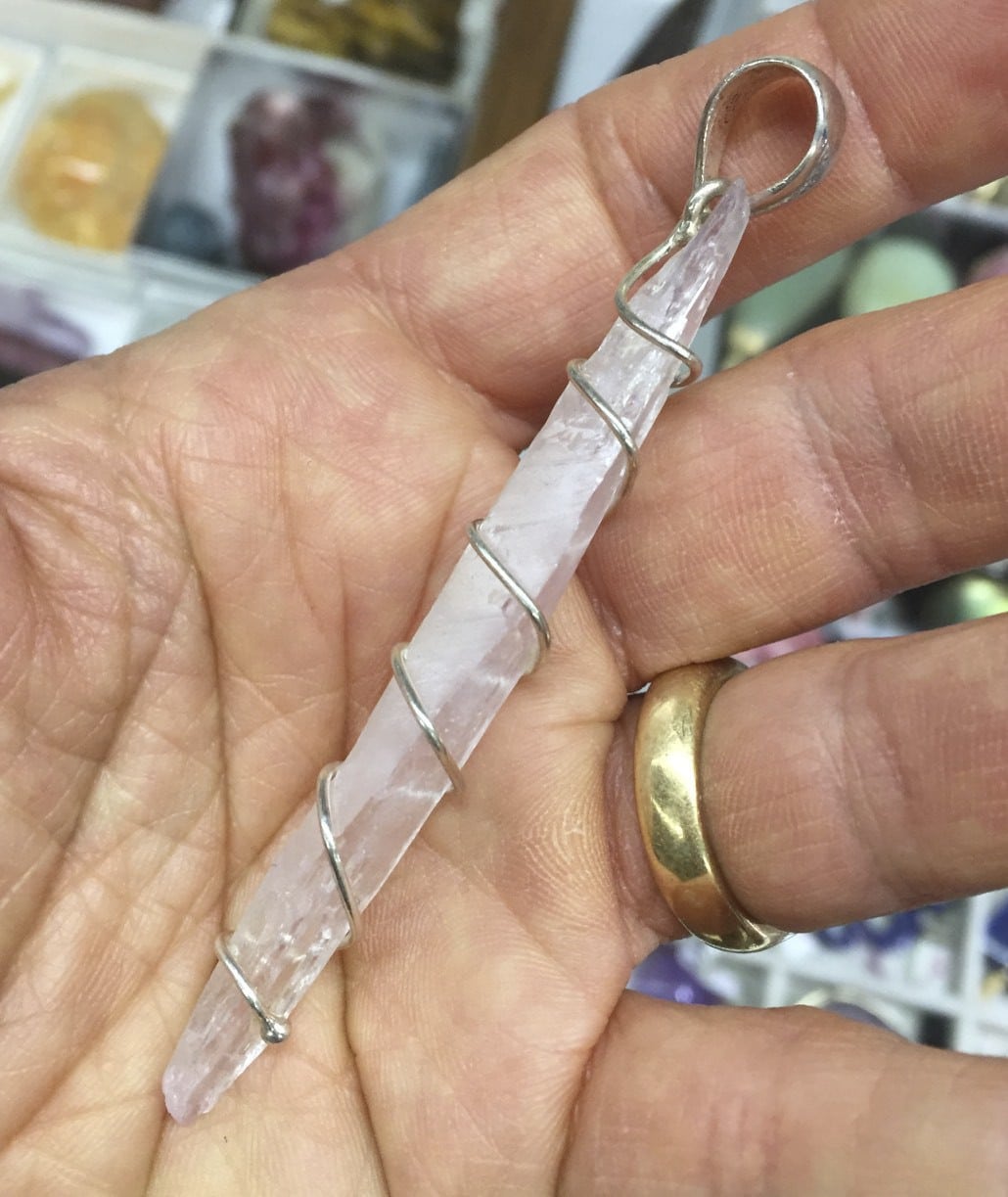 Kunzite pendant for necklace pink Spodumene wand healing crystal
