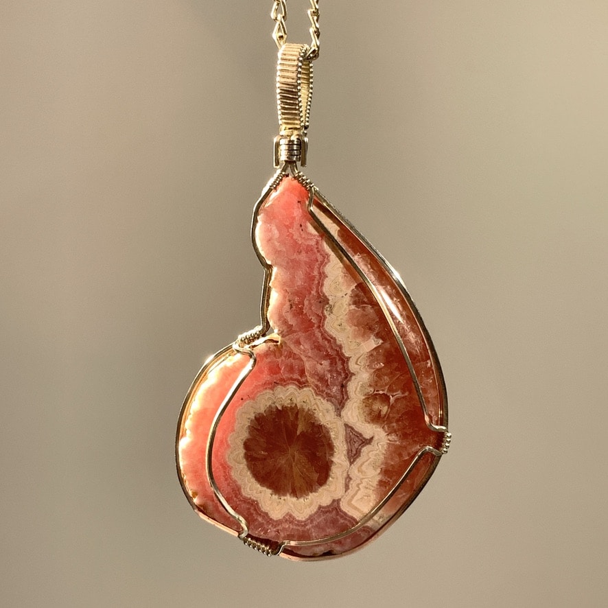 Rhodochrosite pendant for necklace w 'ammonite coil' healing crystal