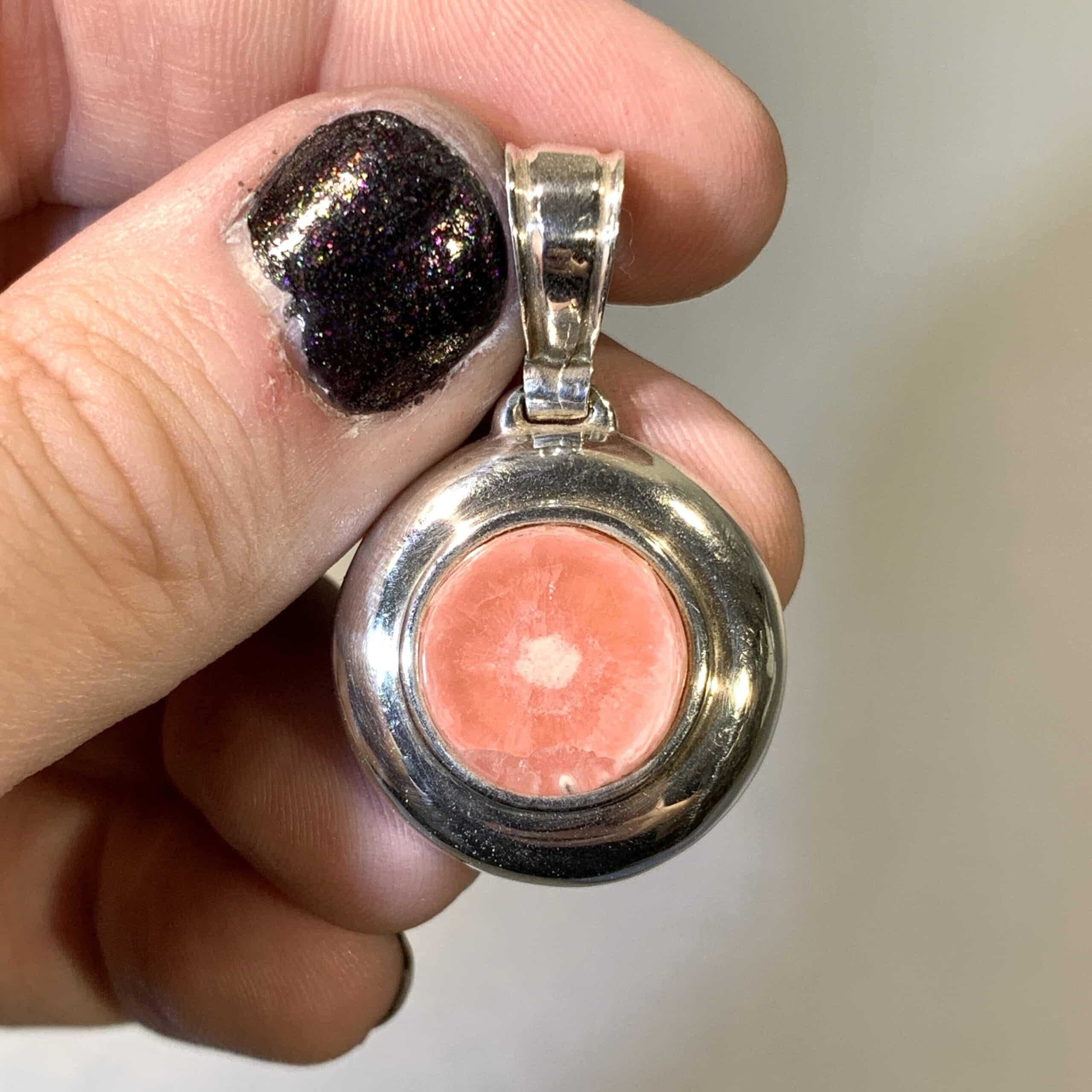 Rhodochrosite pendant - 'shield bullseye' healing crystal