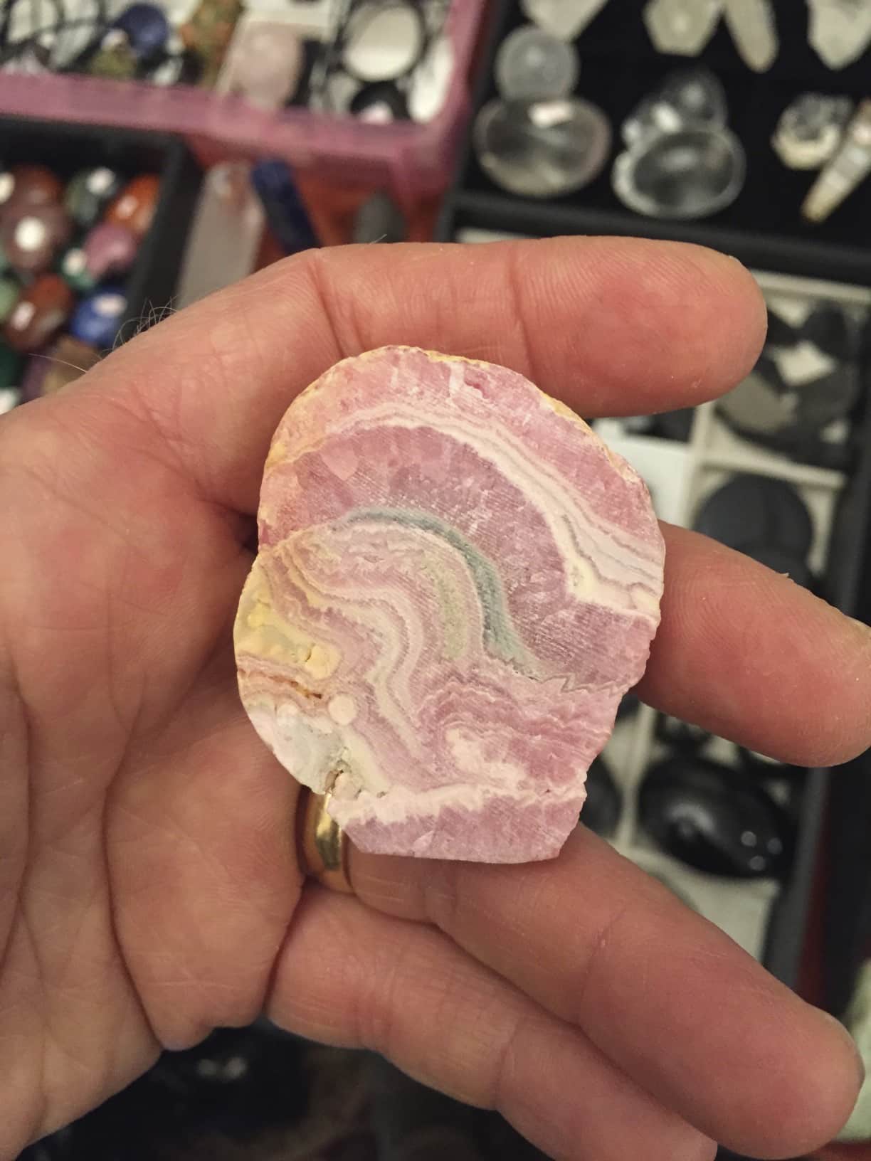 Rhodochrosite standing super-patterned 'mitt' healing crystal