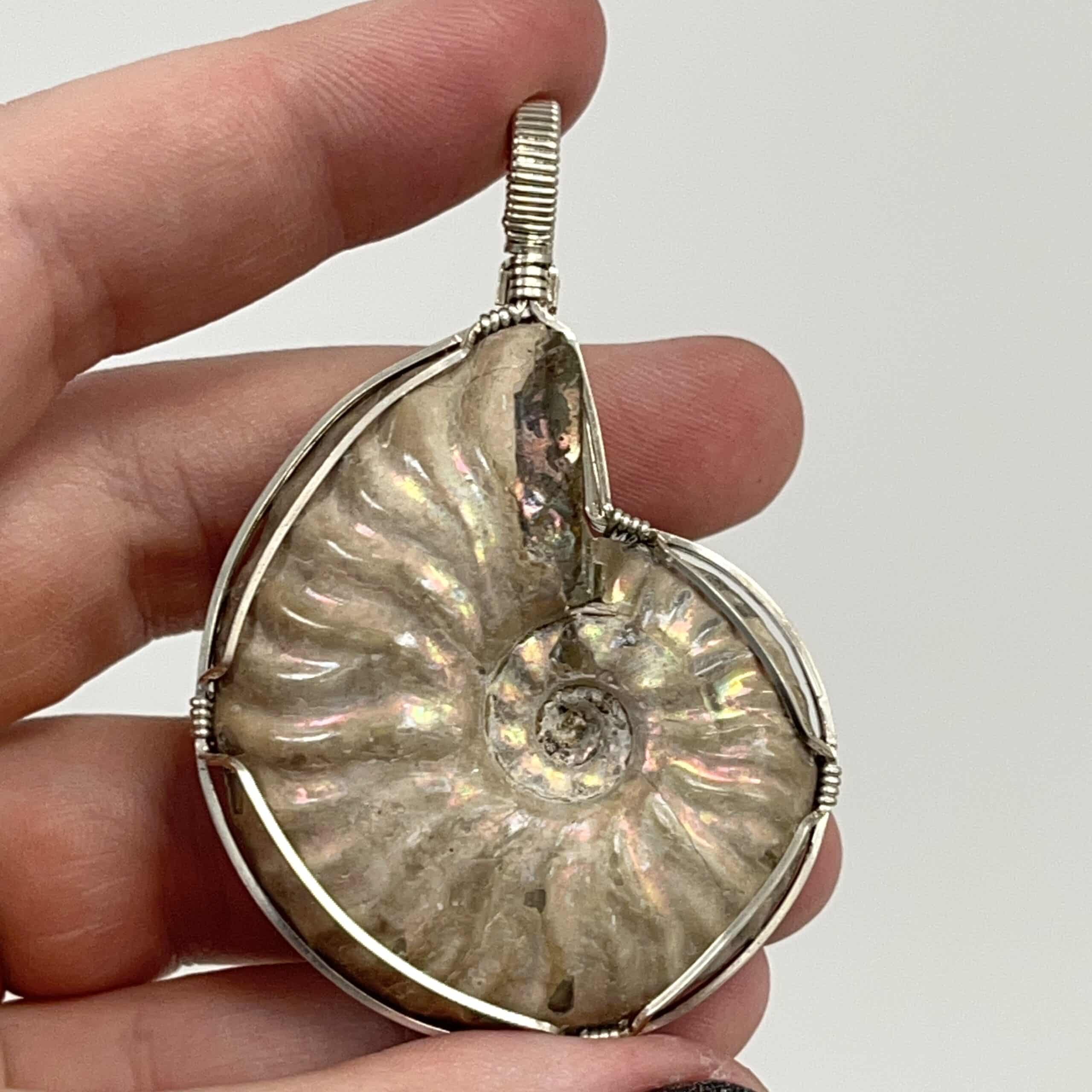 Ammonite fossil (pearly) pendant for necklace custom wrapped healing crystal - Image 2
