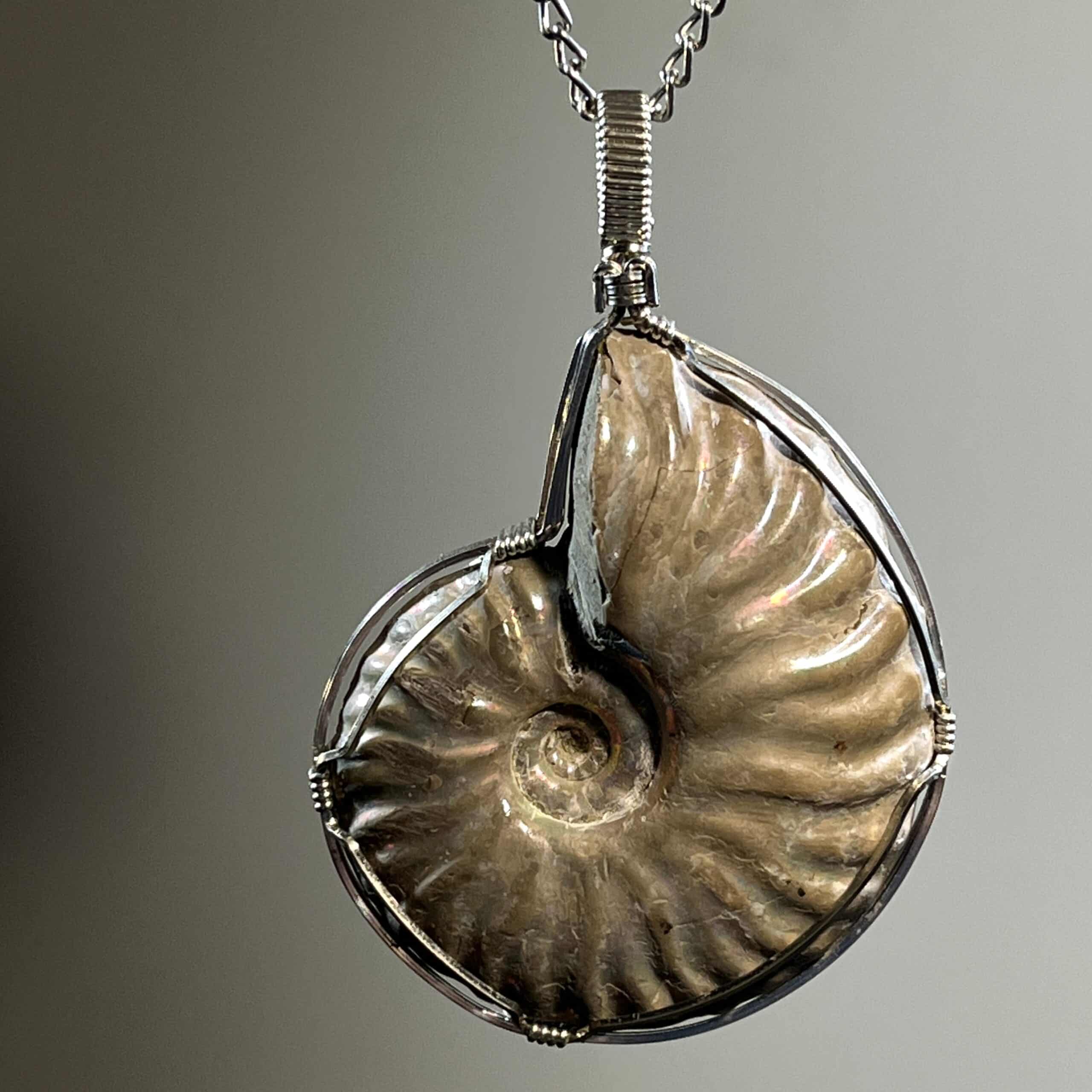 Ammonite fossil (pearly) pendant for necklace custom wrapped healing crystal - Image 3