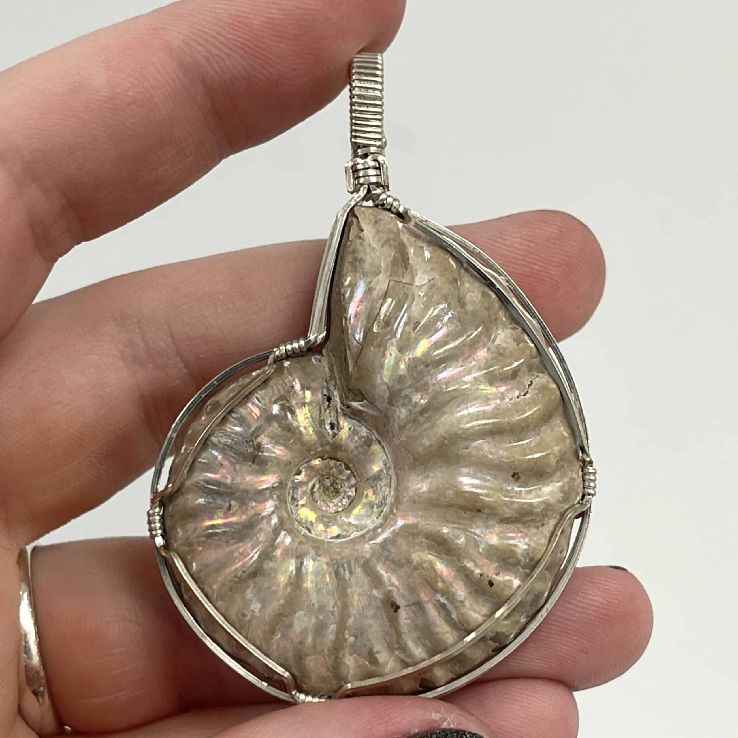 Ammonite fossil (pearly) pendant for necklace custom wrapped healing crystal
