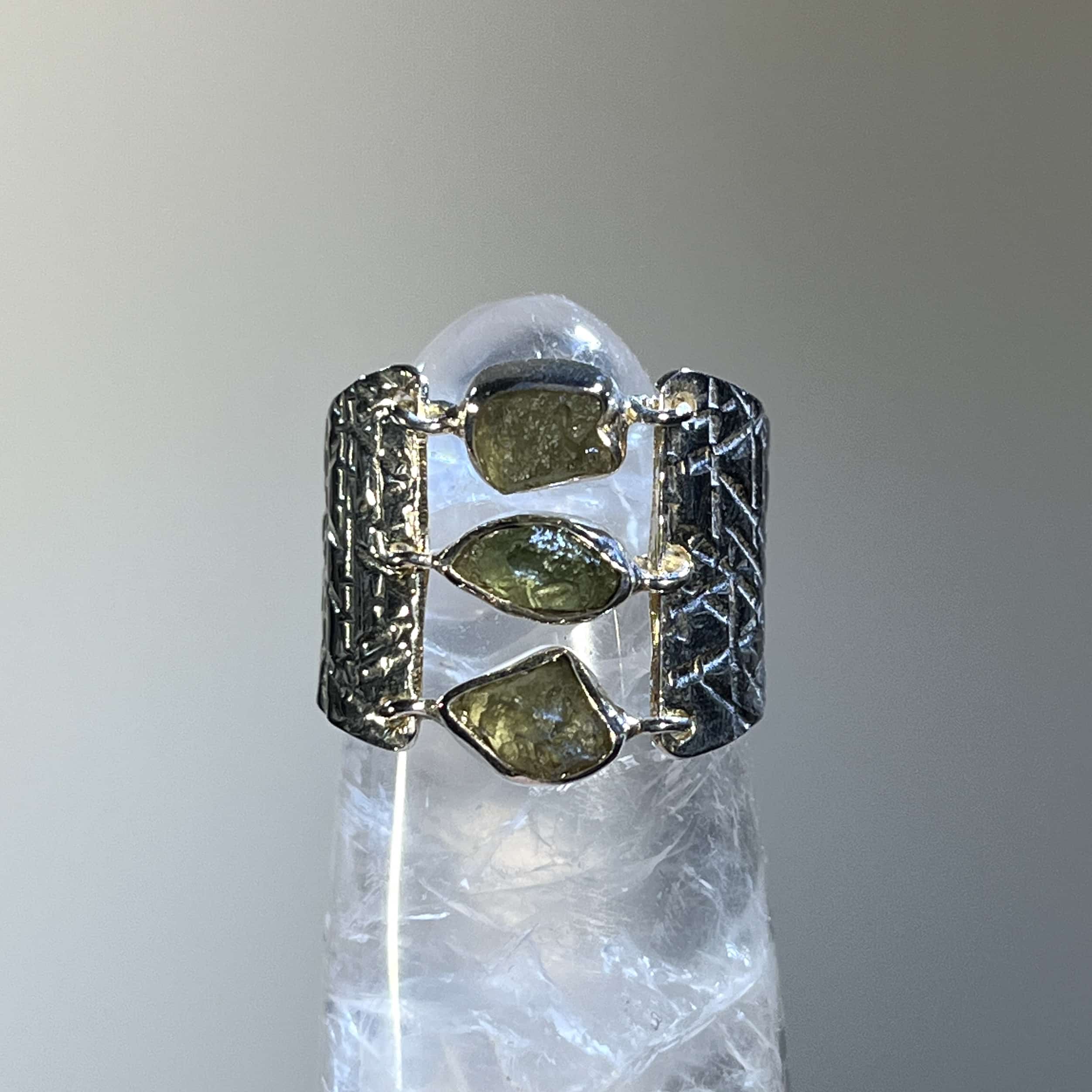 Moldavite ring (rough) US size 8 triple hinged pieces (6.9gr) healing crystal