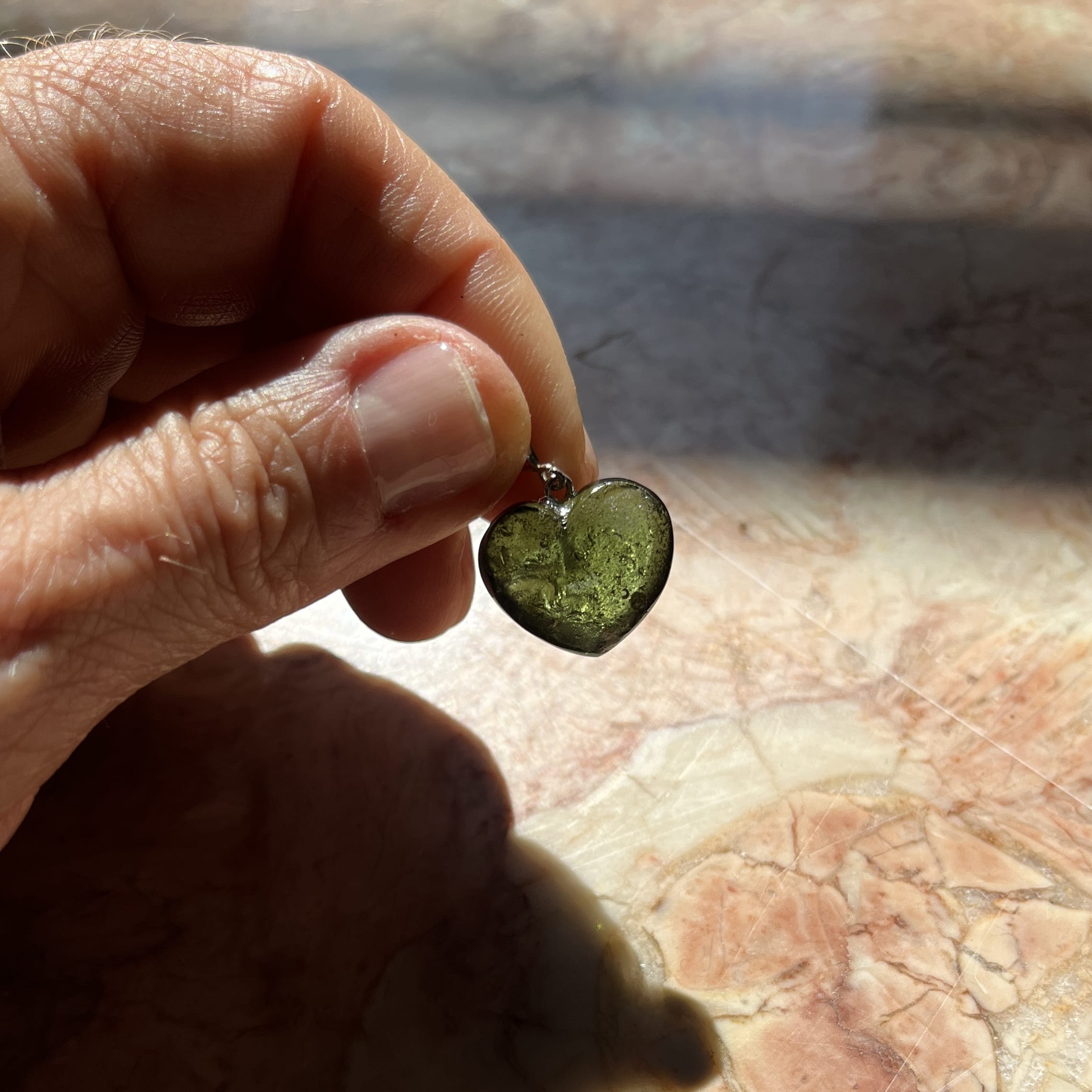 Moldavite (rough + polished) heart pendant for necklace, healing crystal