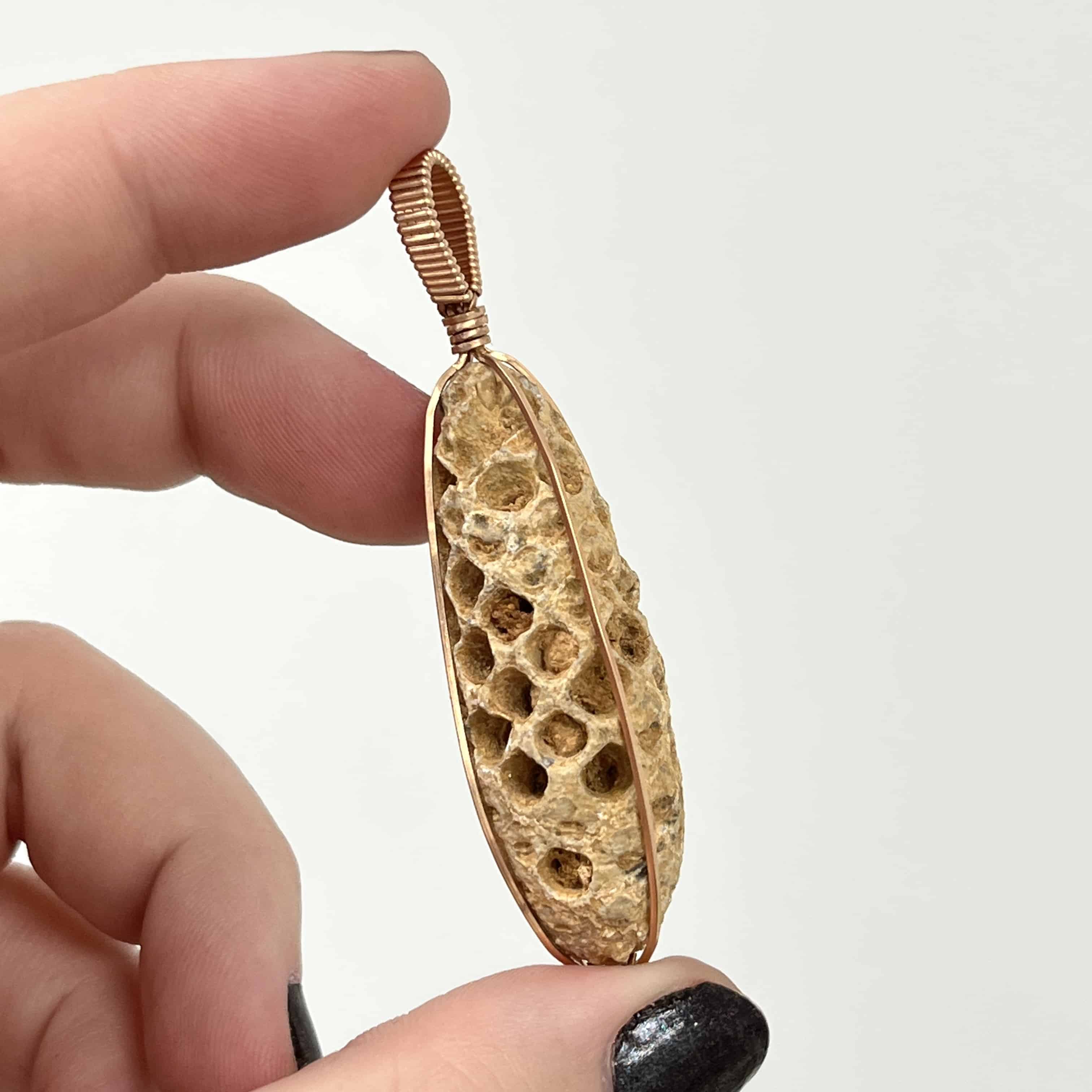 Fossil (Pine Cone) pendant for necklace 'honey comb' healing crystal