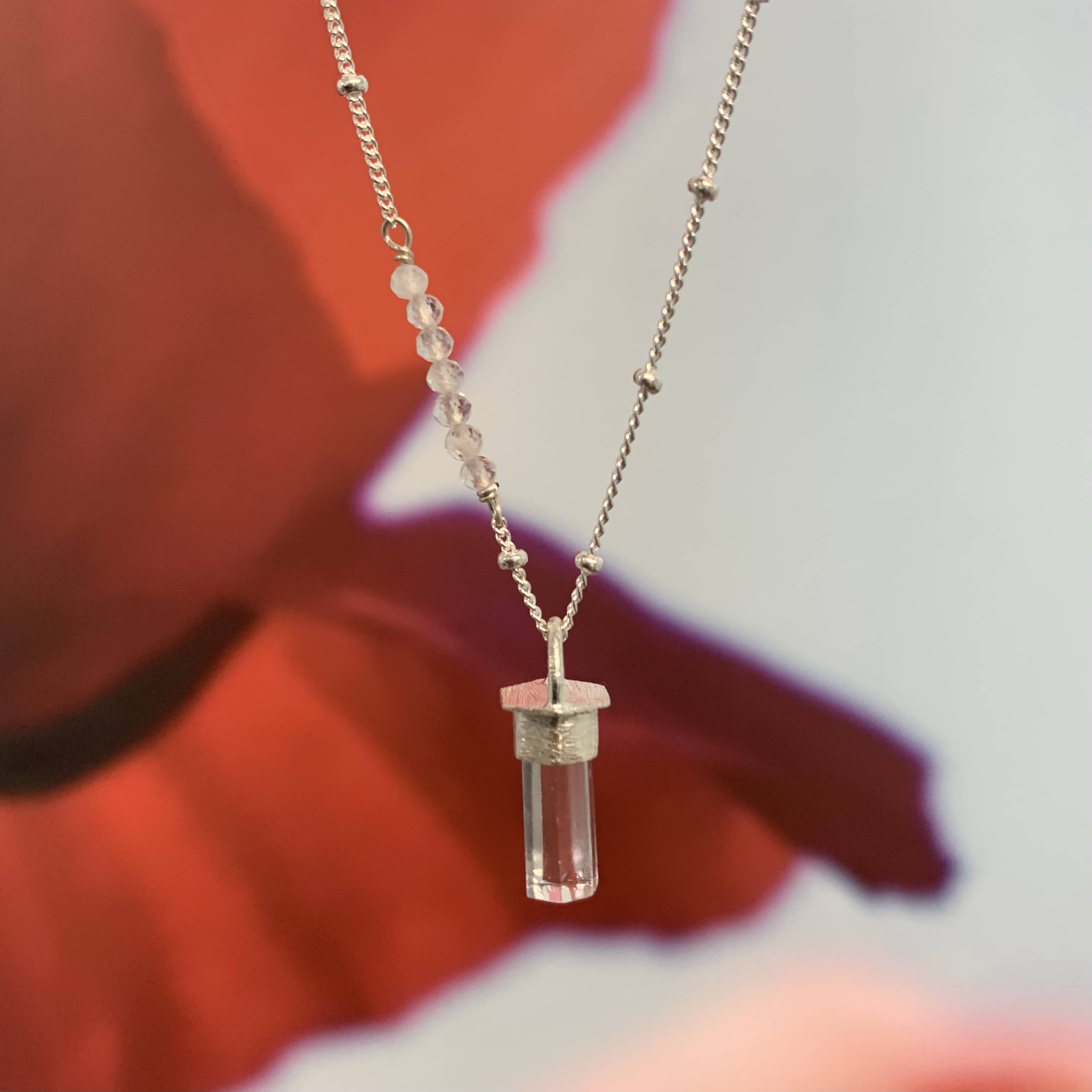 Quartz (clear) and moonstone (rainbow) custom bead necklace healing crystal