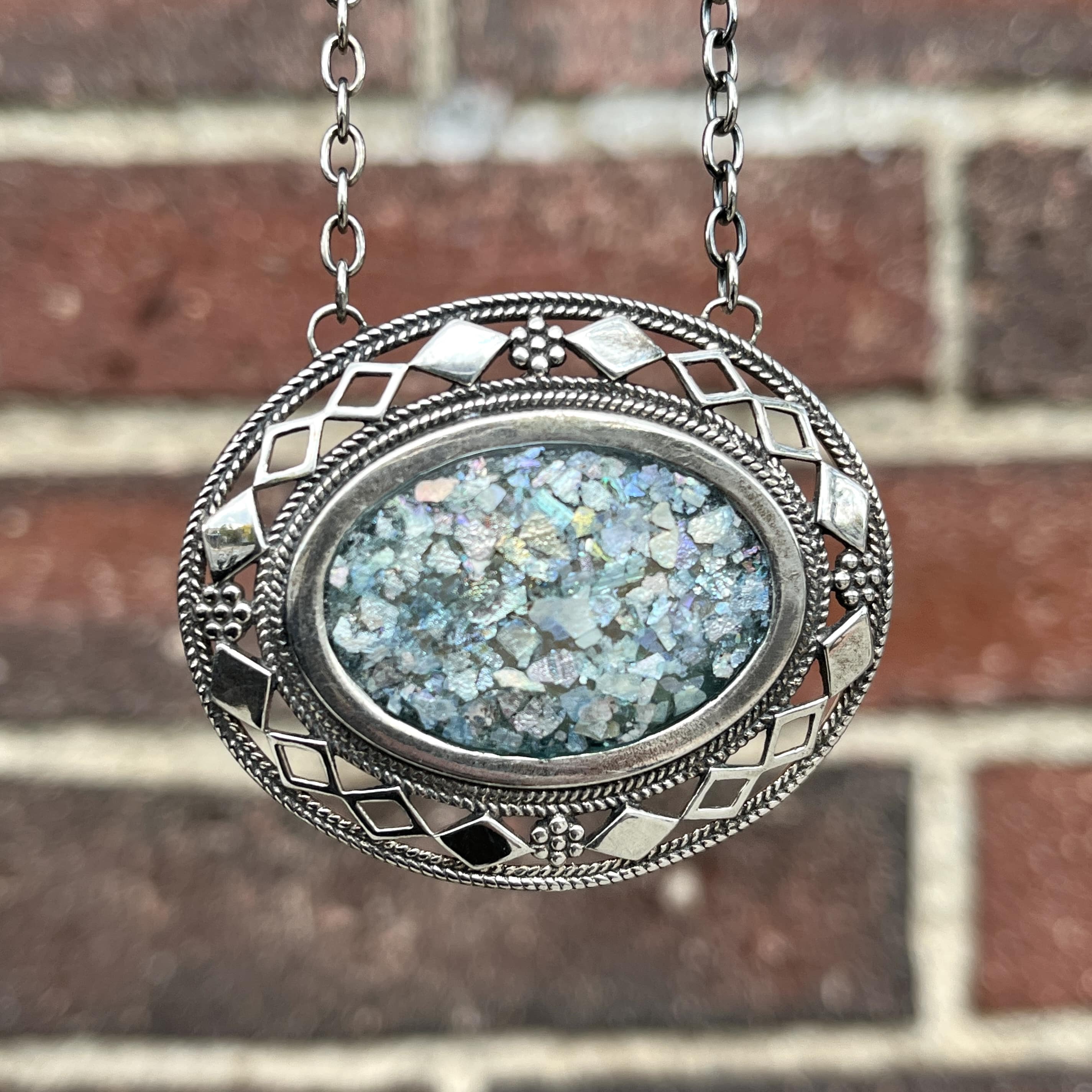 Roman Glass (oval) custom diamond motif pendant necklace healing crystal
