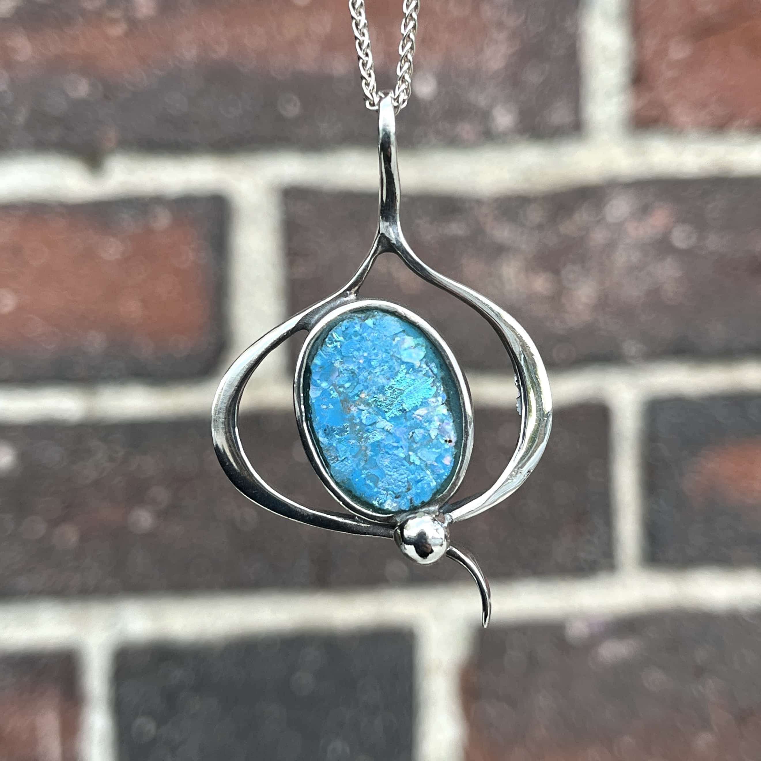 Roman Glass (peacock color) freeform pendant necklace healing crystal