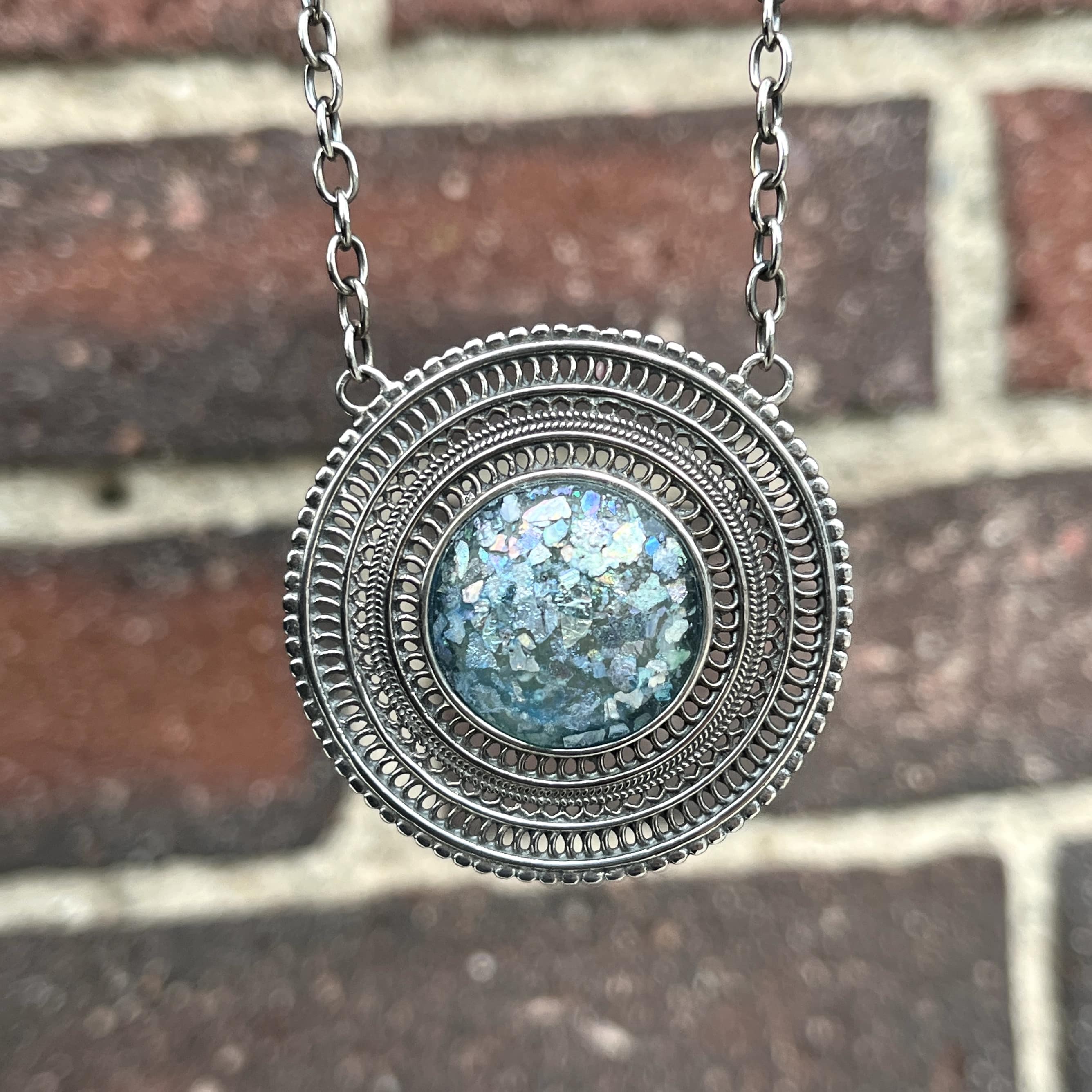 Roman Glass (sea blue) round filigree pendant necklace healing crystal
