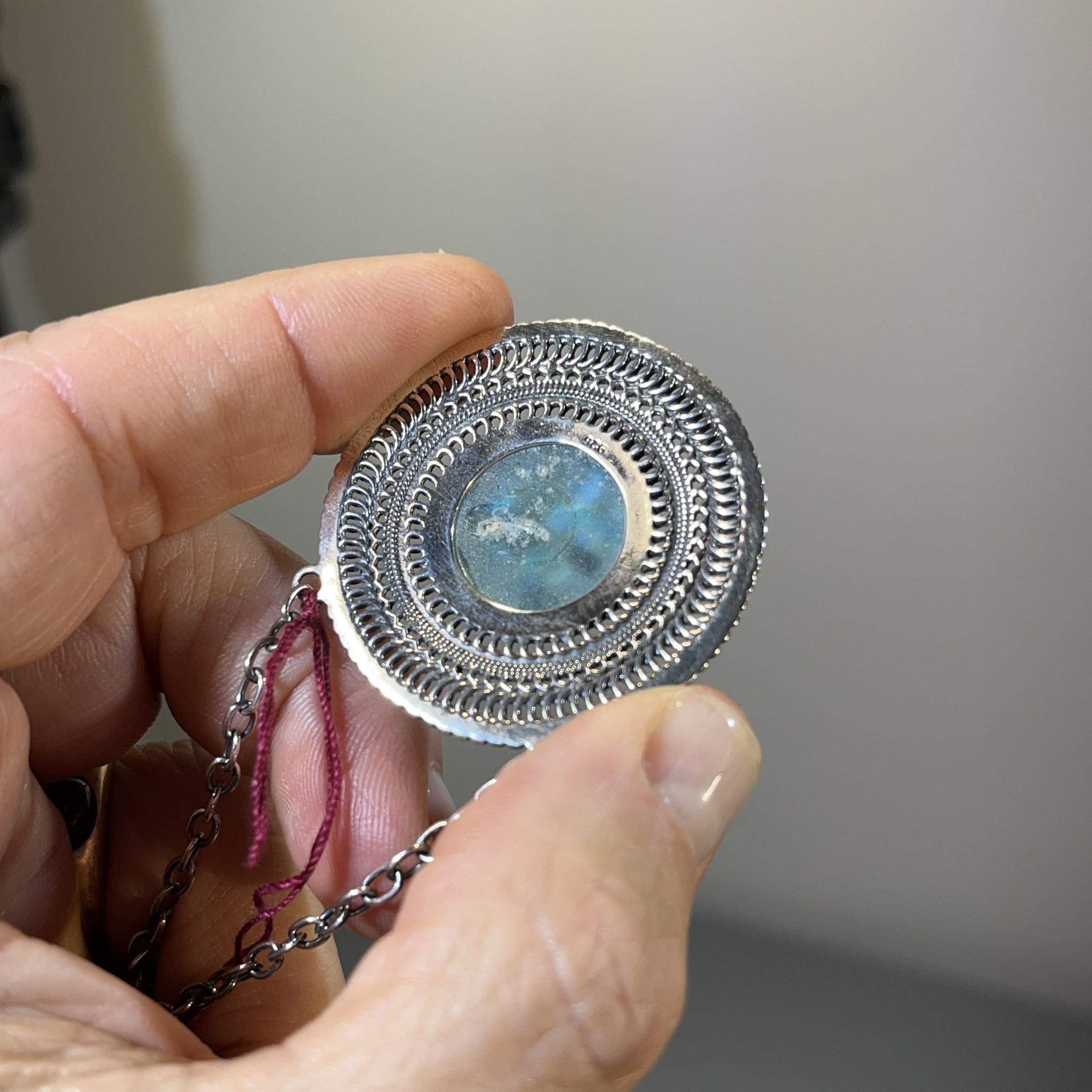 Roman Glass (sea blue) round filigree pendant necklace healing crystal - Image 2