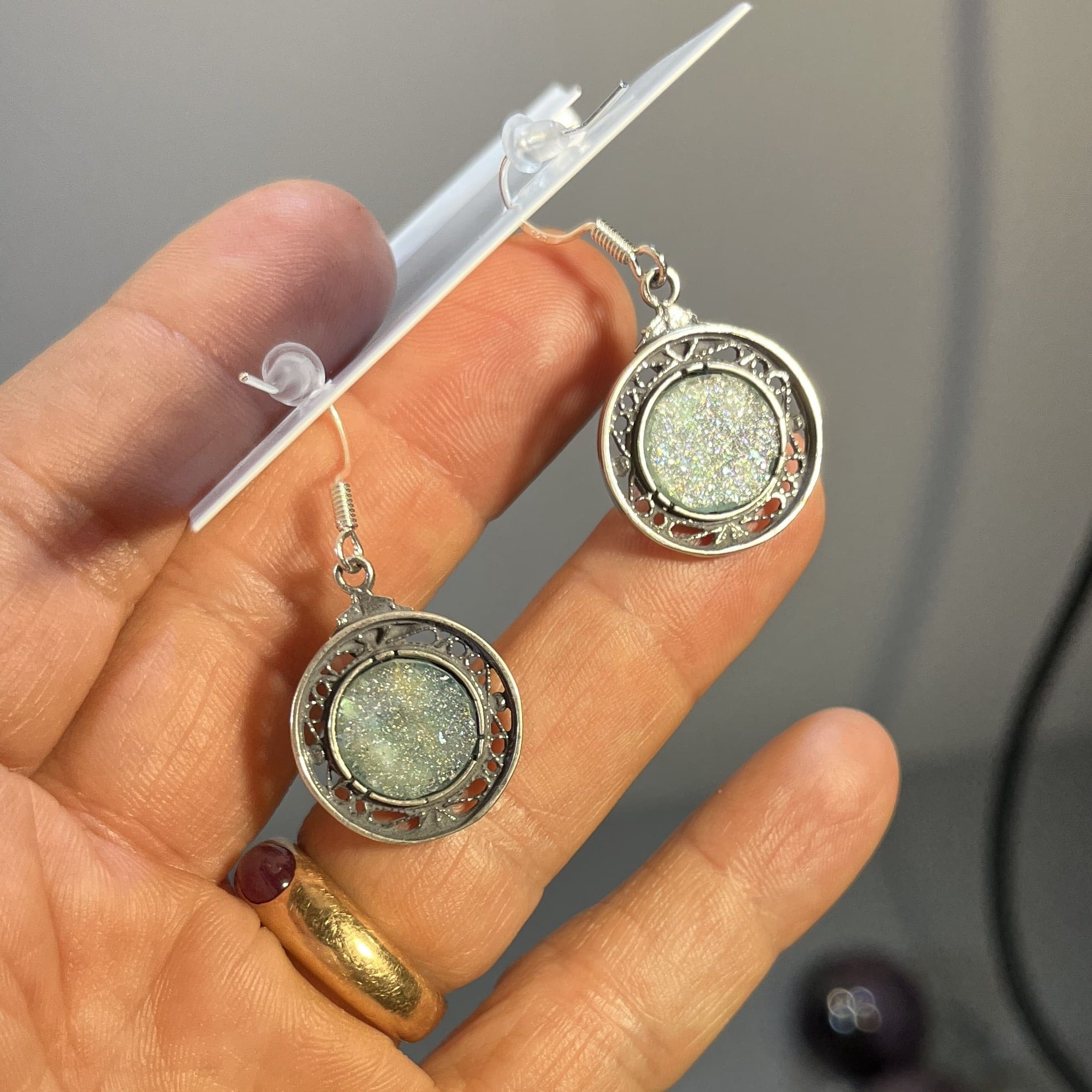 Roman Glass (unusual color) silver tone earrings healing crystal - Image 2