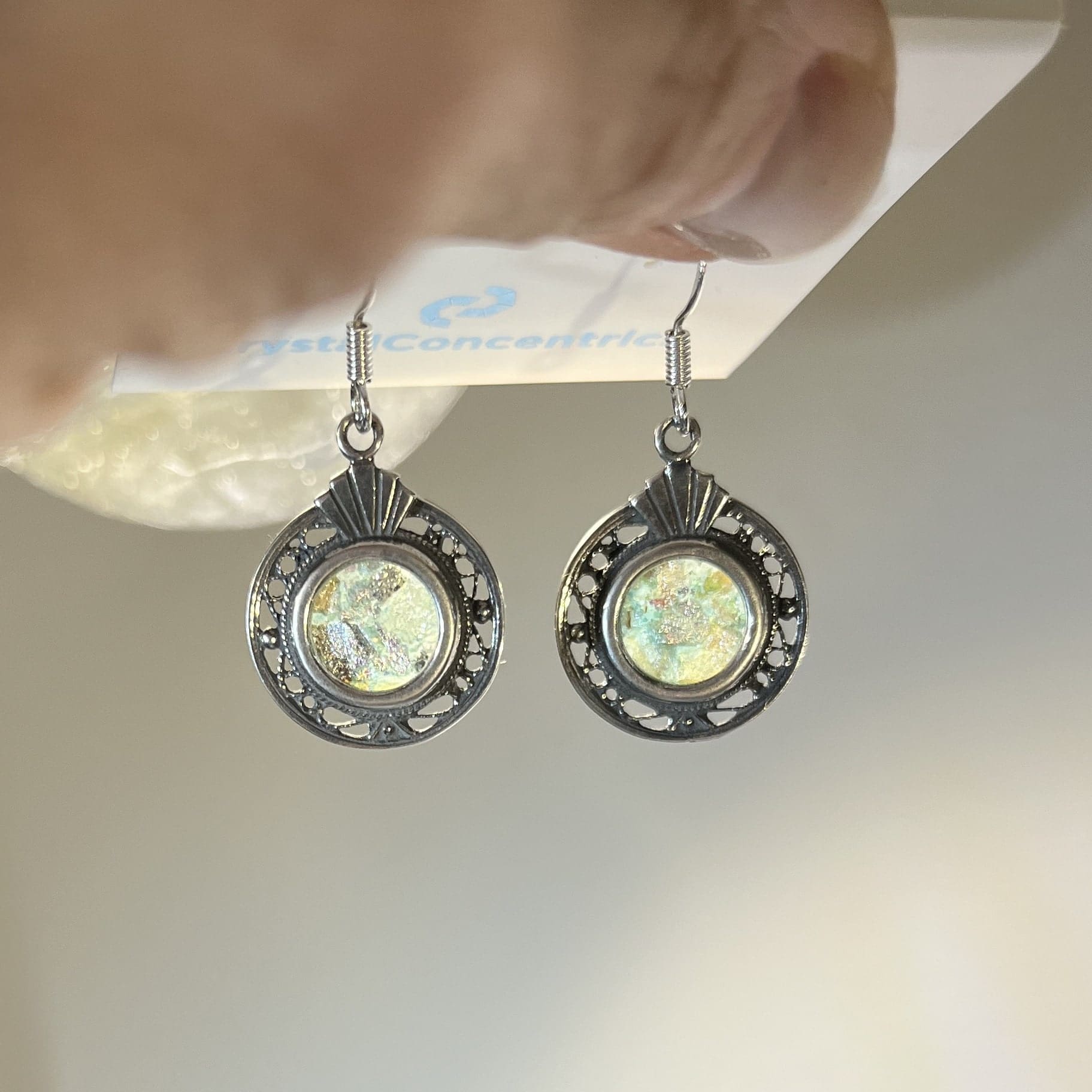 Roman Glass (unusual color) silver tone earrings healing crystal - Image 3