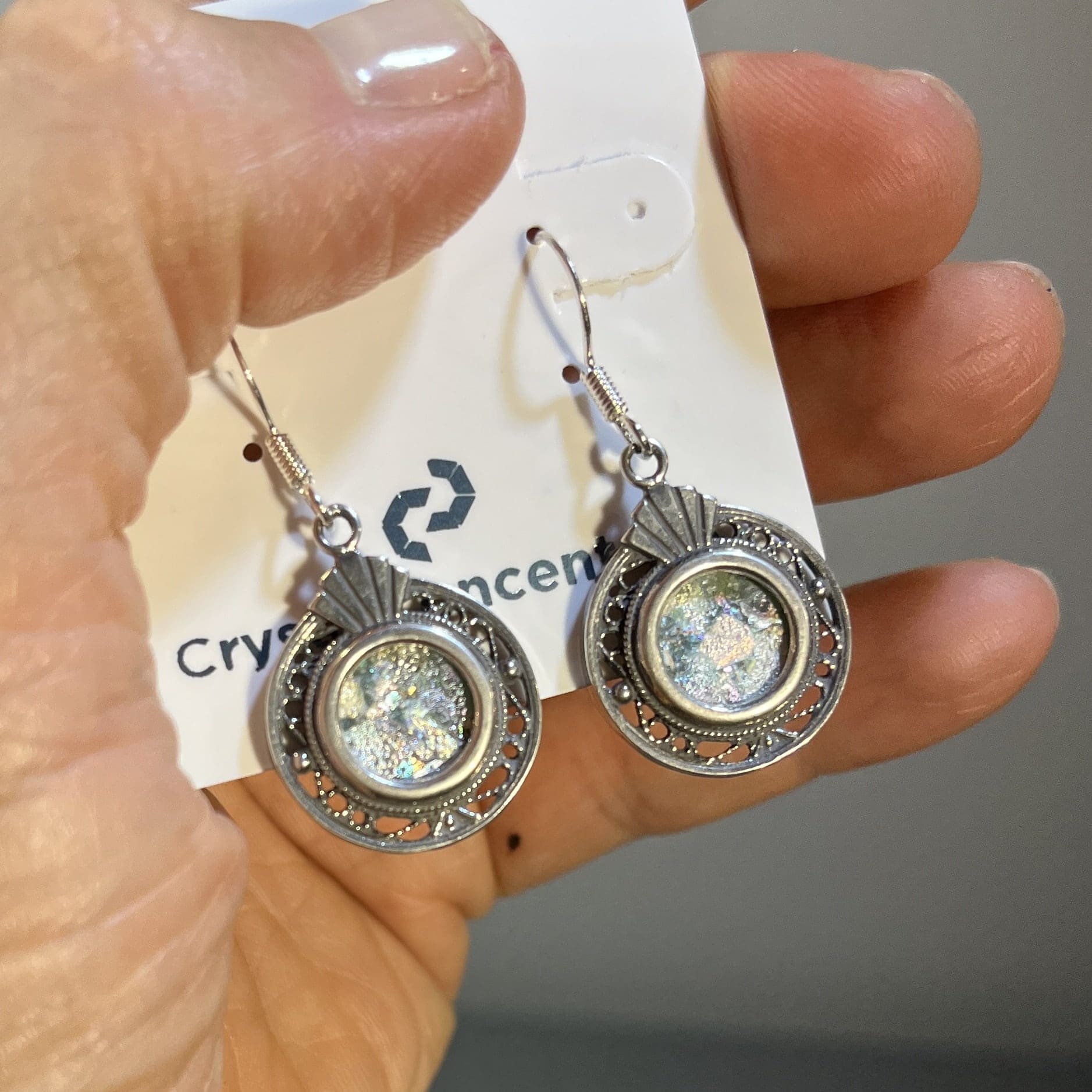 Roman Glass (unusual color) silver tone earrings healing crystal