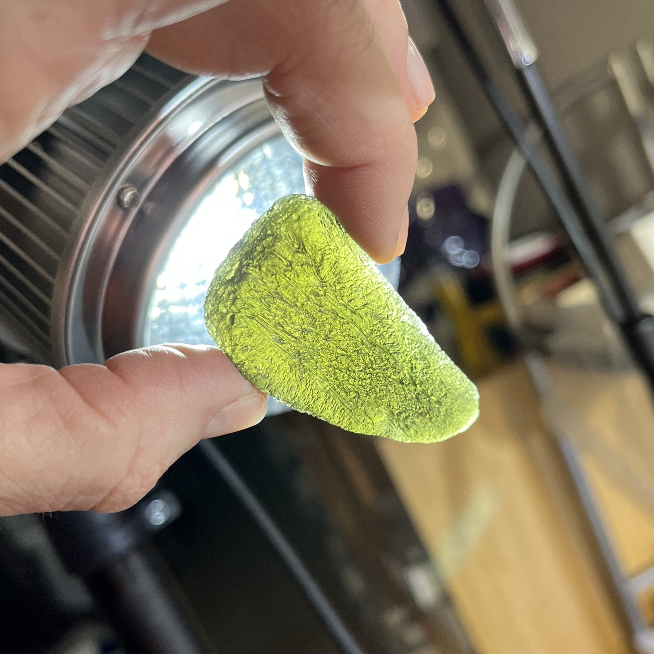 Moldavite (rough) 'Standing Sail' palm piece (23.1gr) healing crystal