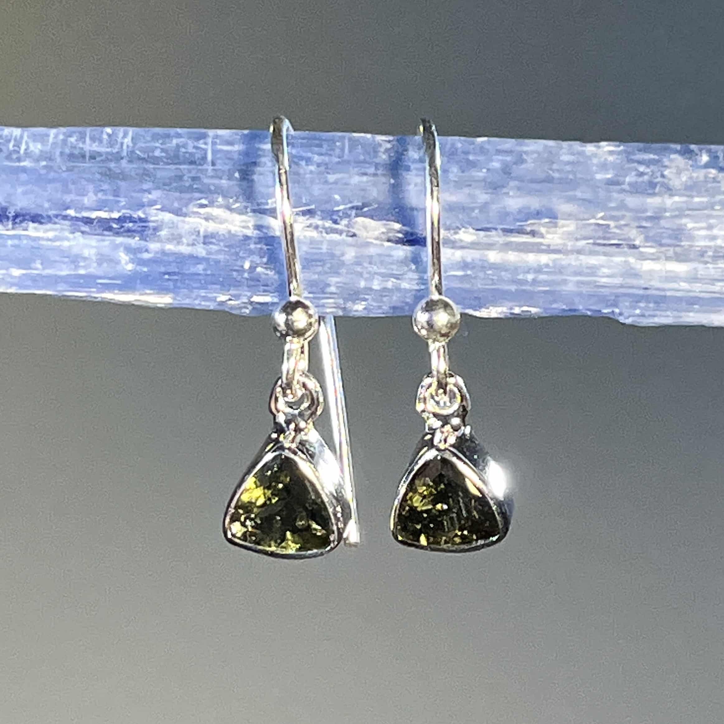 Moldavite earrings (faceted) trillion dangle Sterling (1.4 gr) - Image 2