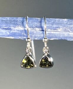 Moldavite earrings (faceted) trillion dangle Sterling (1.4 gr)