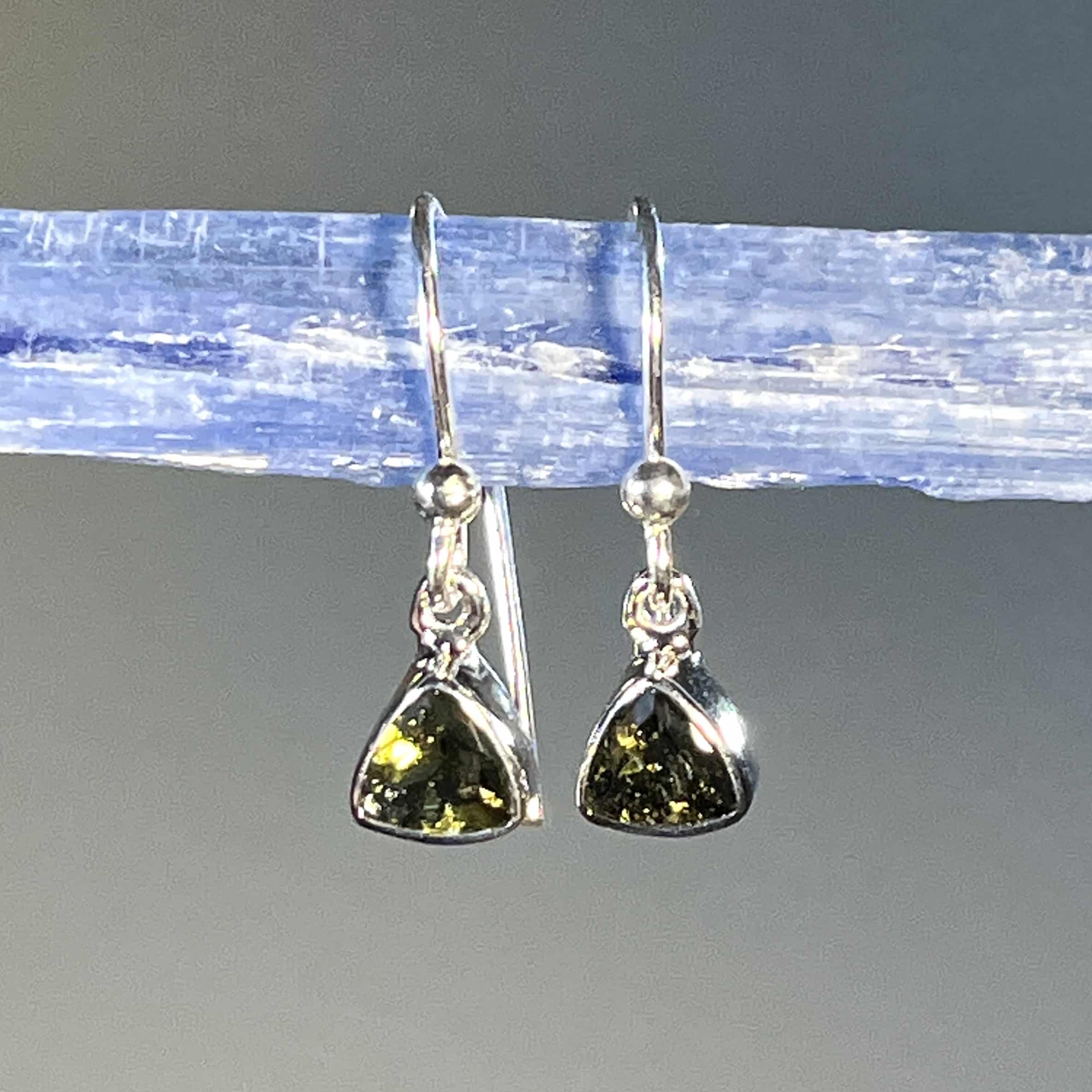 Moldavite earrings (faceted) trillion dangle Sterling (1.4 gr)