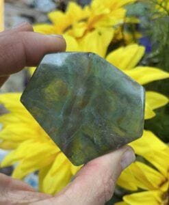 Fluorite (green/rainbow) geometric freeform palm stone, healing crystal