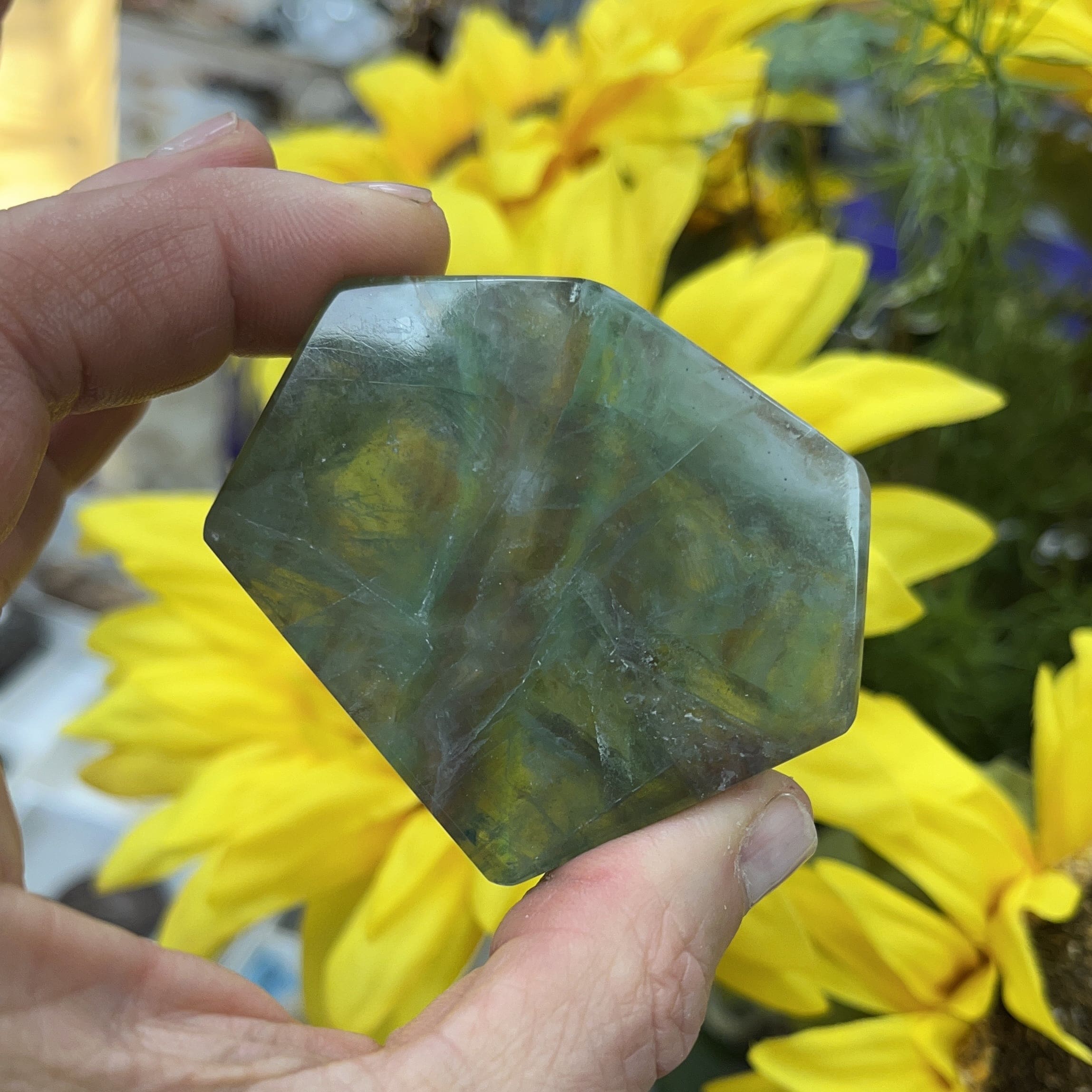 Fluorite (green/rainbow) geometric freeform palm stone, healing crystal