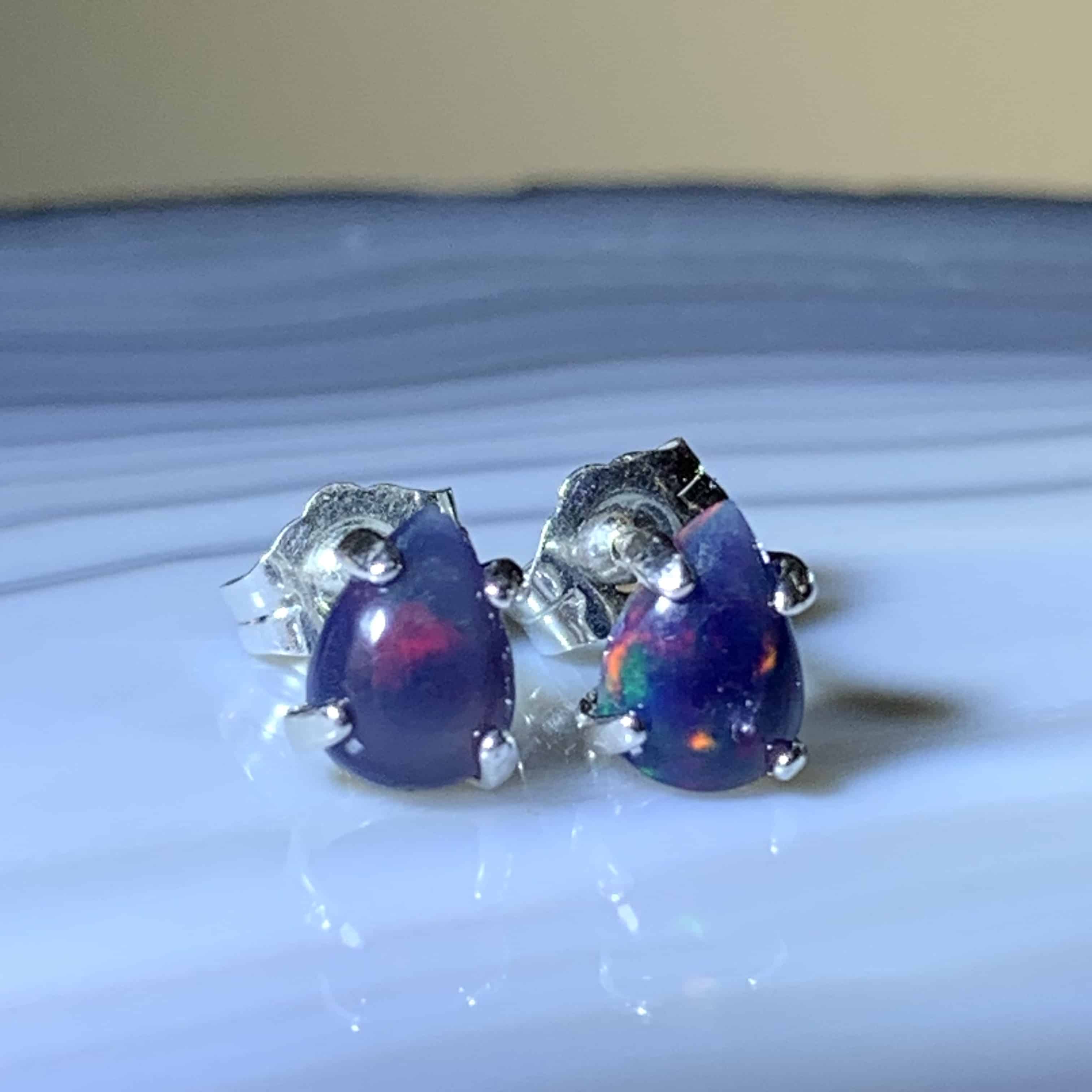 Opal (Ethiopian) violet red flash teardrop stud earrings healing crystal