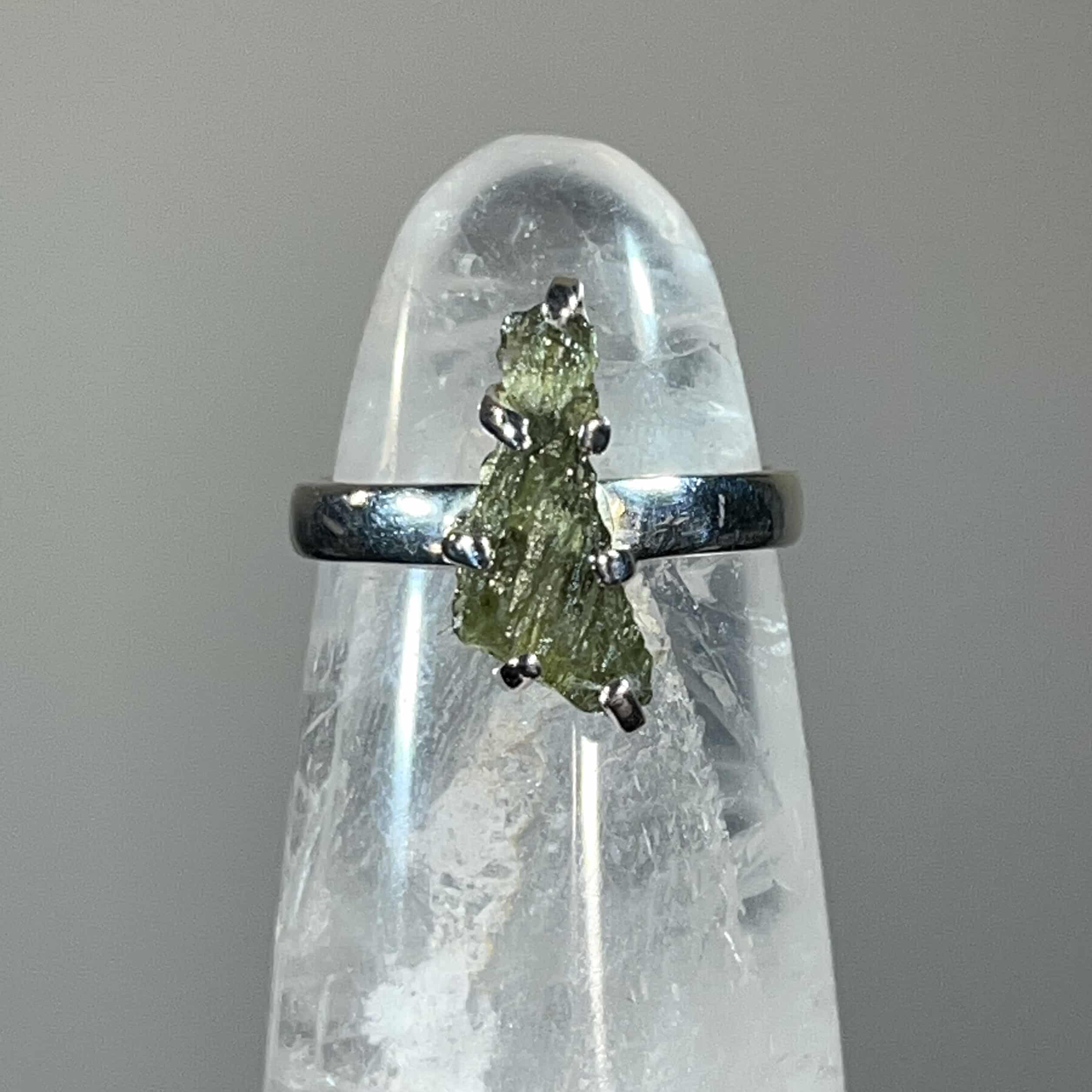 Moldavite ring (rough) prong set Sterling US size 8 (2.8gr) healing crystal