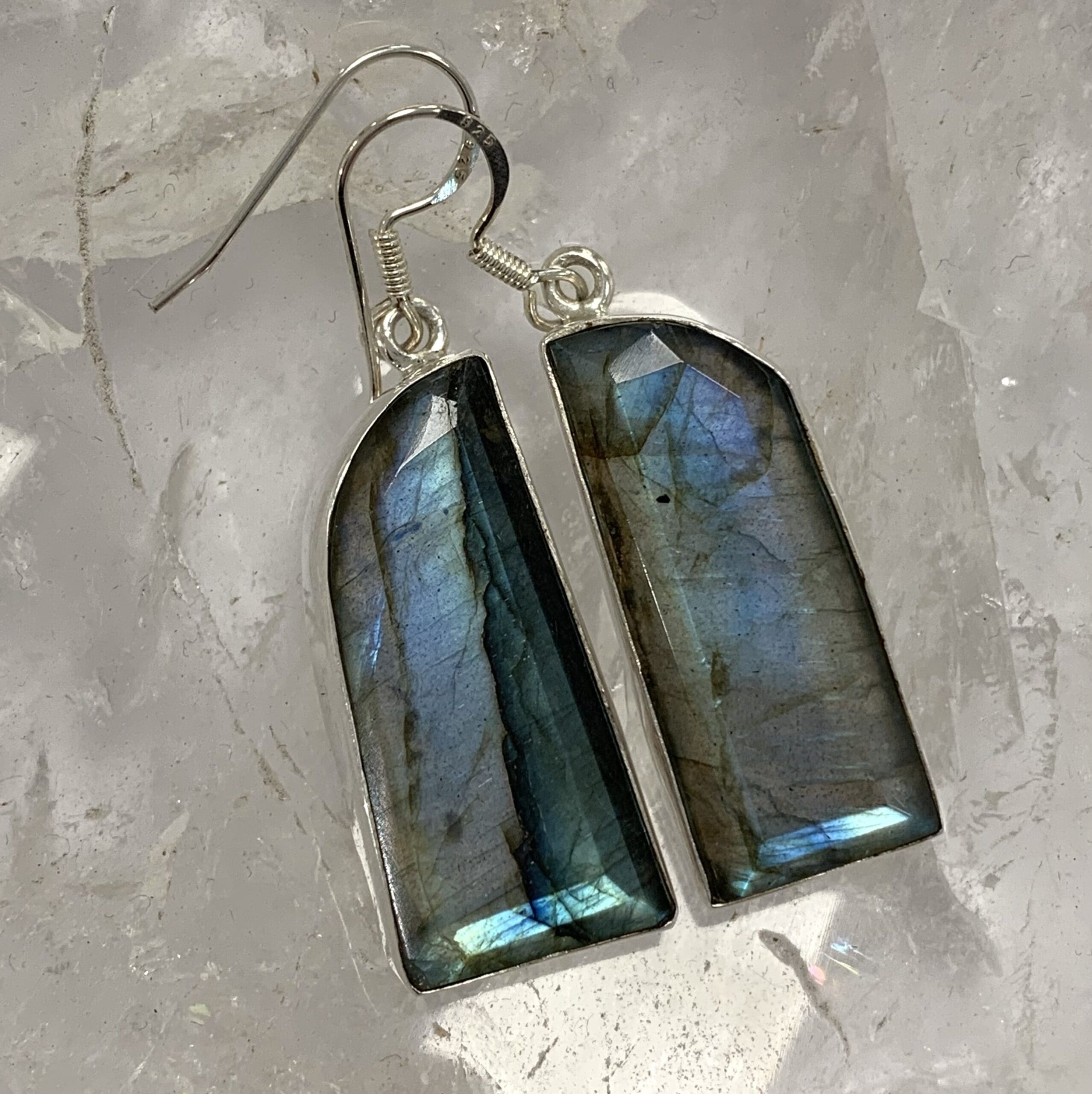 Labradorite earrings w solid crazy blue flash geometric form healing crystal - Image 2