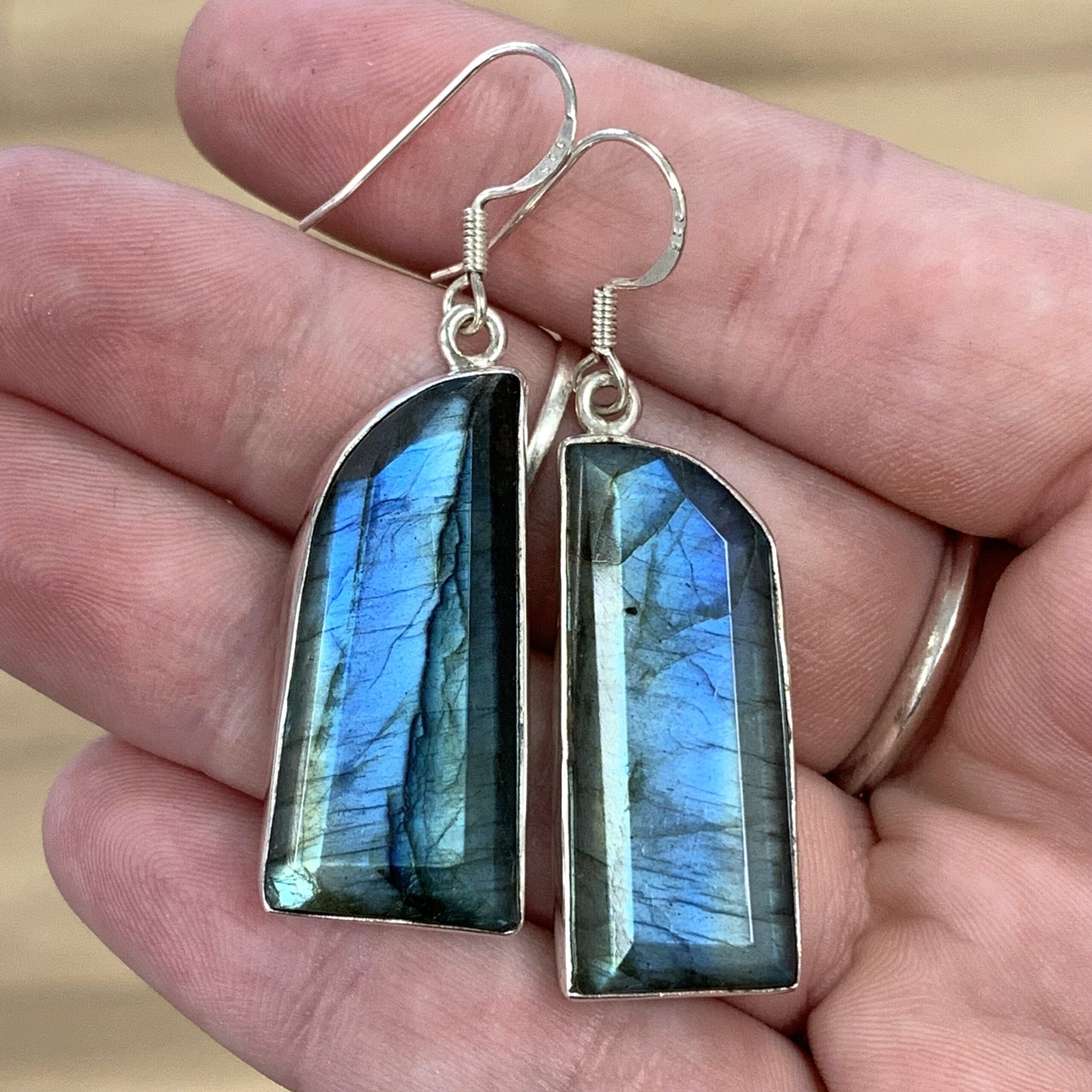 Labradorite earrings w solid crazy blue flash geometric form healing crystal