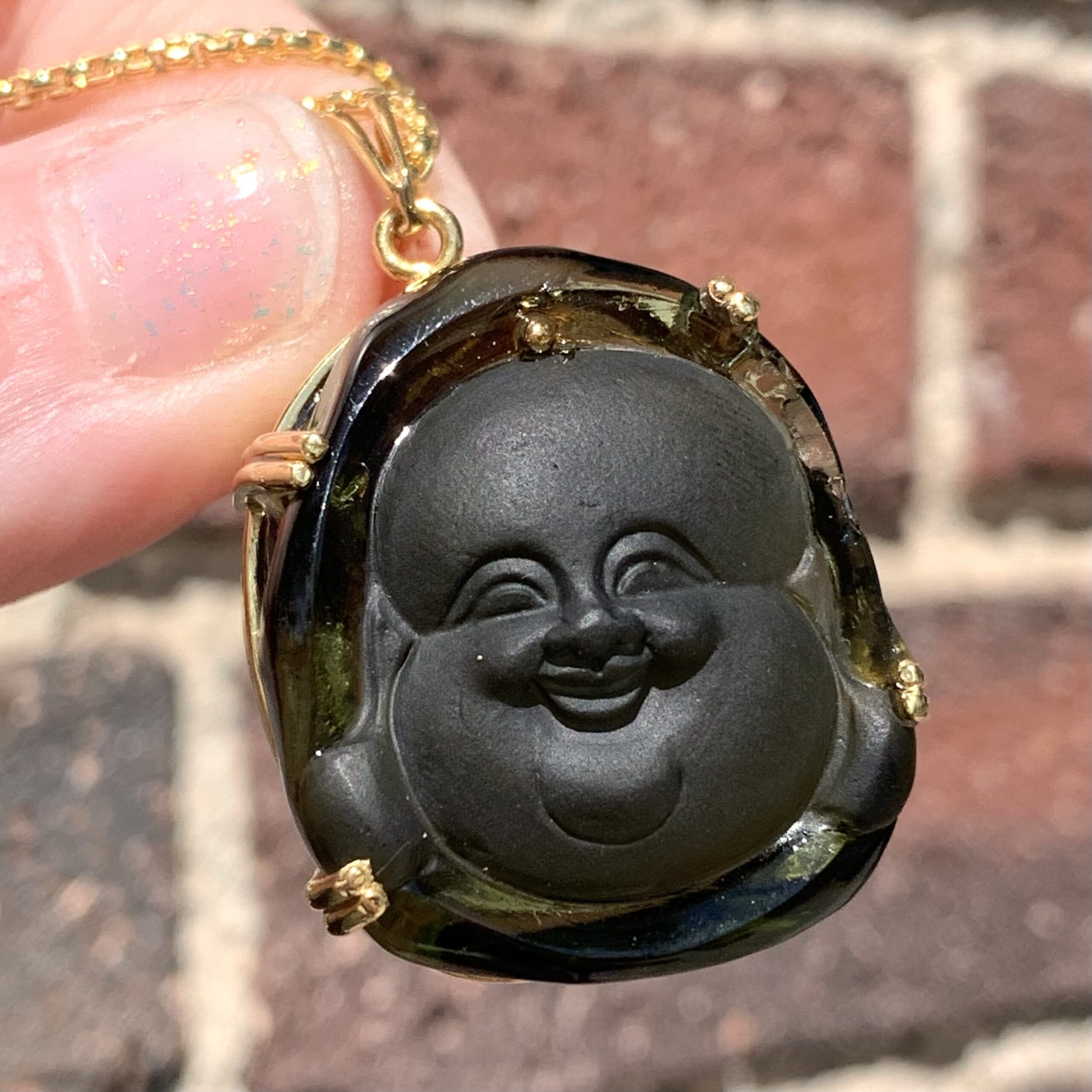 Moldavite pendant (carving, rough) 14K Gold Buddha (16.7gr) healing crystal - Image 3