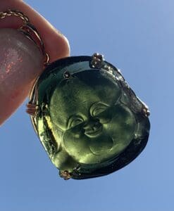 Moldavite pendant (carving, rough) 14K Gold Buddha (16.7gr) healing crystal