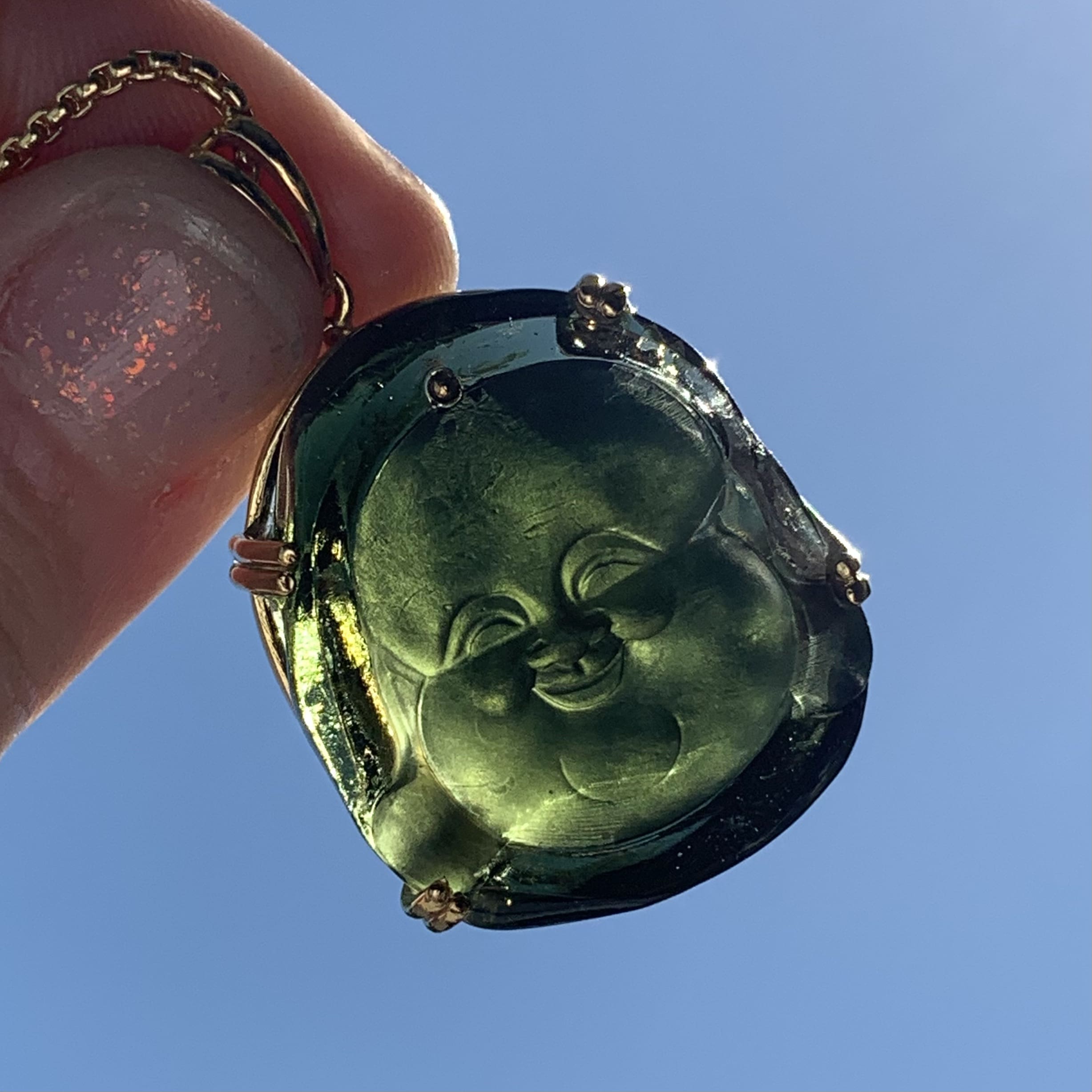 Moldavite pendant (carving, rough) 14K Gold Buddha (16.7gr) healing crystal